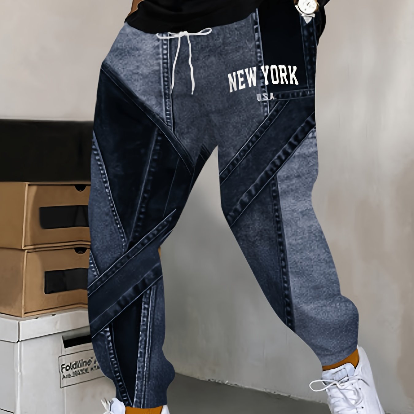 TEMU Trendy Denim Print Drawstring Sweatpants Men's New Loose Pants Style Casual Trousers
