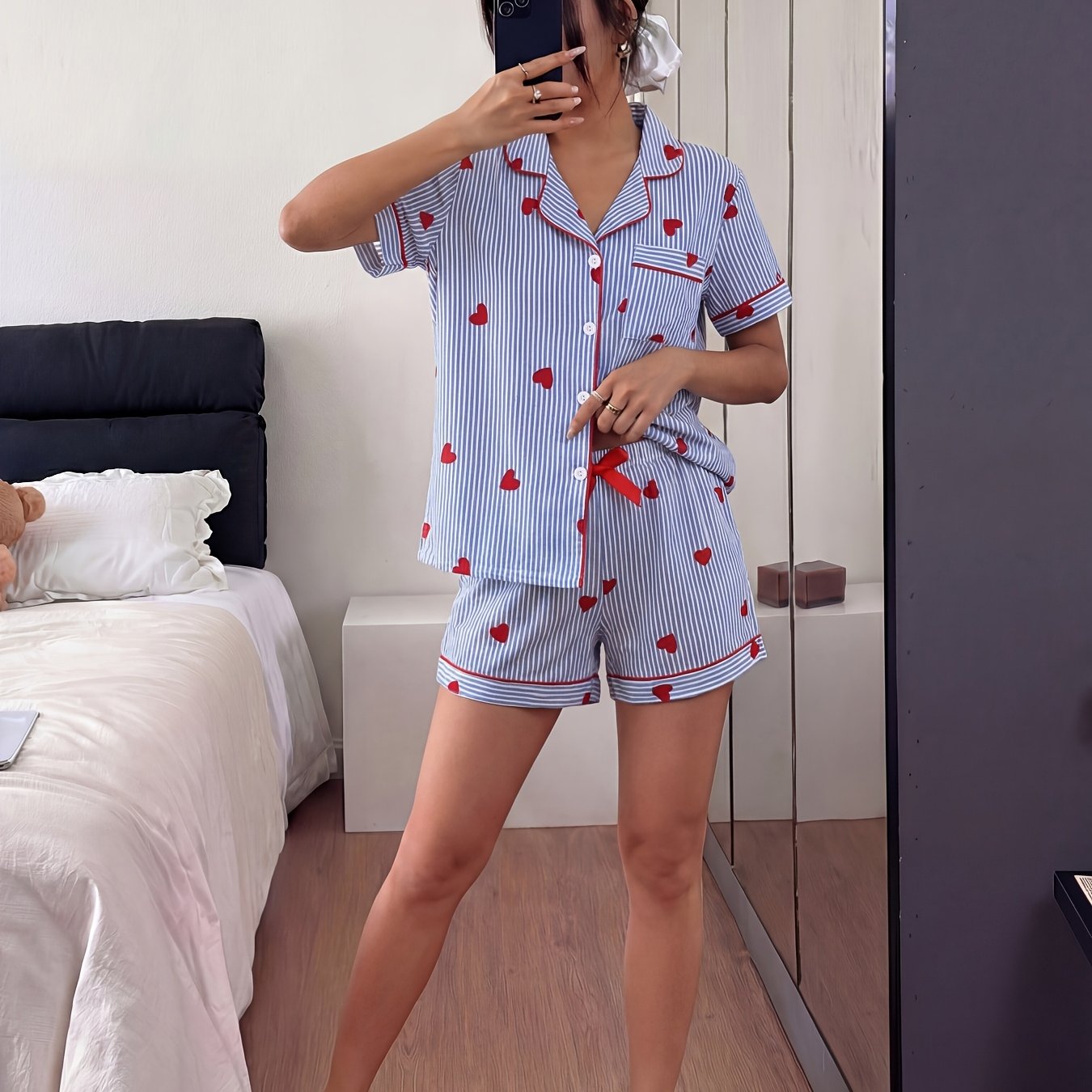 TEMU Women's Striped Red Heart Print 2pcs Sleepwear Set, Short Sleeve Open Front Cardigan And Elastic Waist Drawstring Shorts, Comfortable Sleepwear