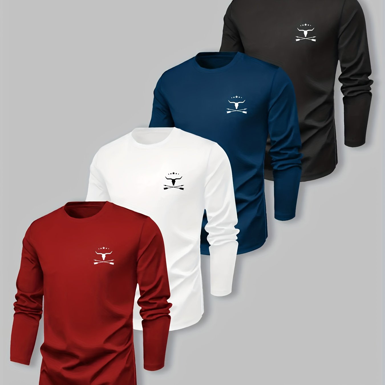 4pcs Men's Round Neck Long Sleeve T-shirt - Sports And Fitness Running Wear, Casual And Fashionable , Slight Stretch, , With Print Men's Gift