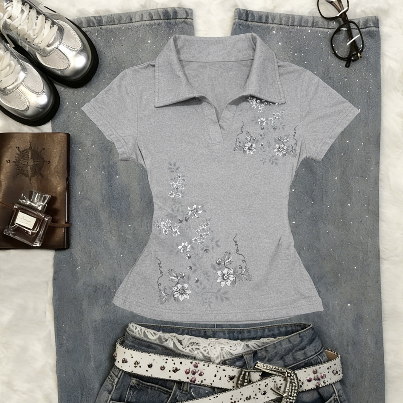 TEMU Y2k Collared Shirt - Popular Women's Style, Slim Fit, V-neck, Short Sleeve