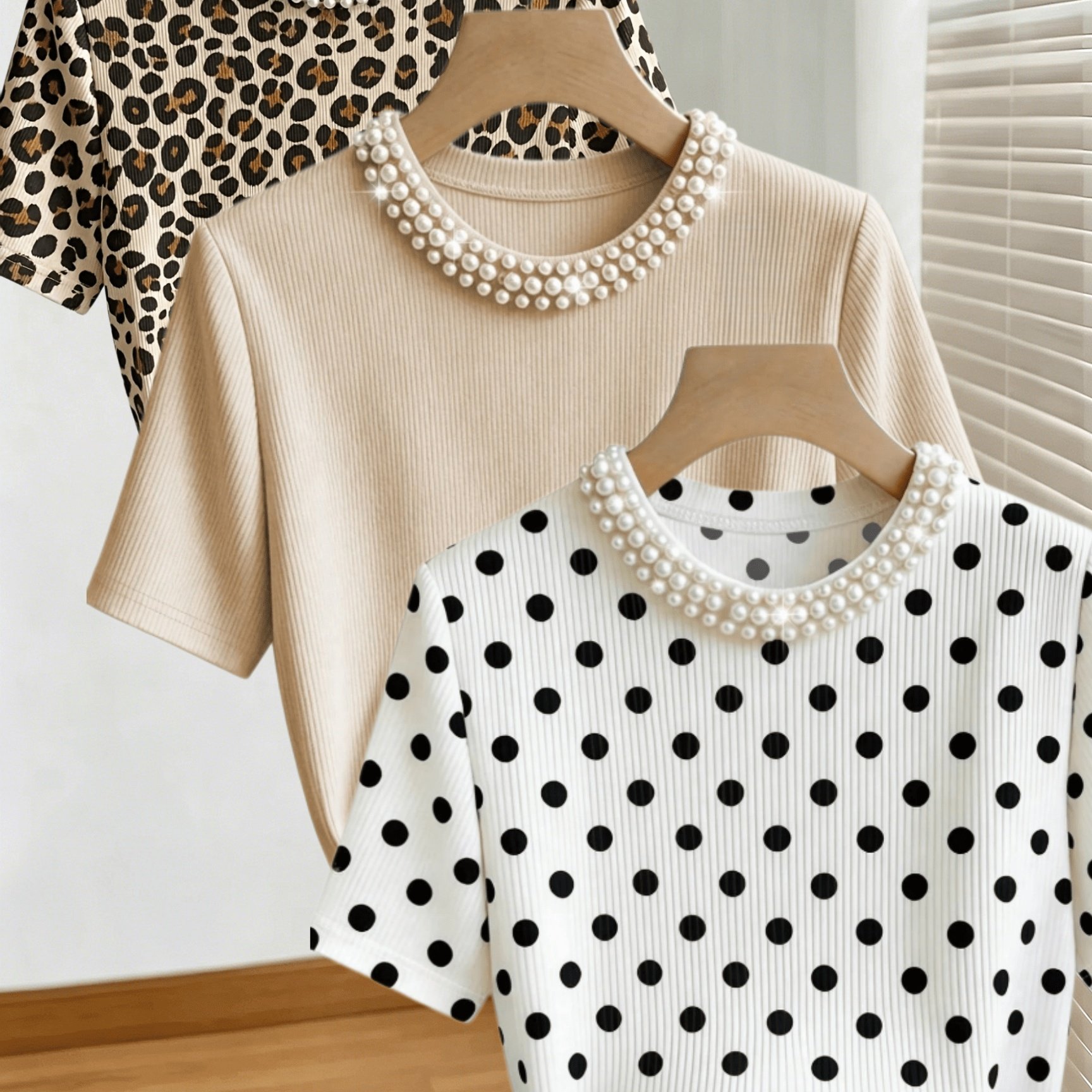 TEMU A 3pcs Set Of Women's Casual Round-neck Combination Short-sleeved T-shirt With Three-dimensional Pearl Decoration Is Suitable For Daily Wear