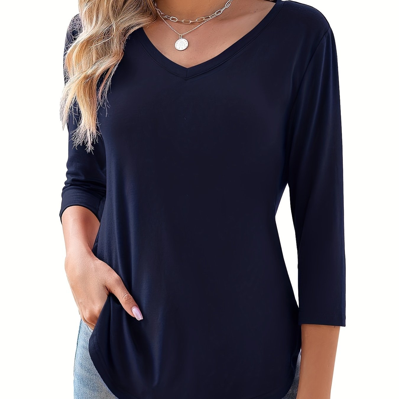 TEMU Elegant Casual Solid Color Basic Top With 3/4 Sleeves And A V-neck For Women, Perfect For Summer