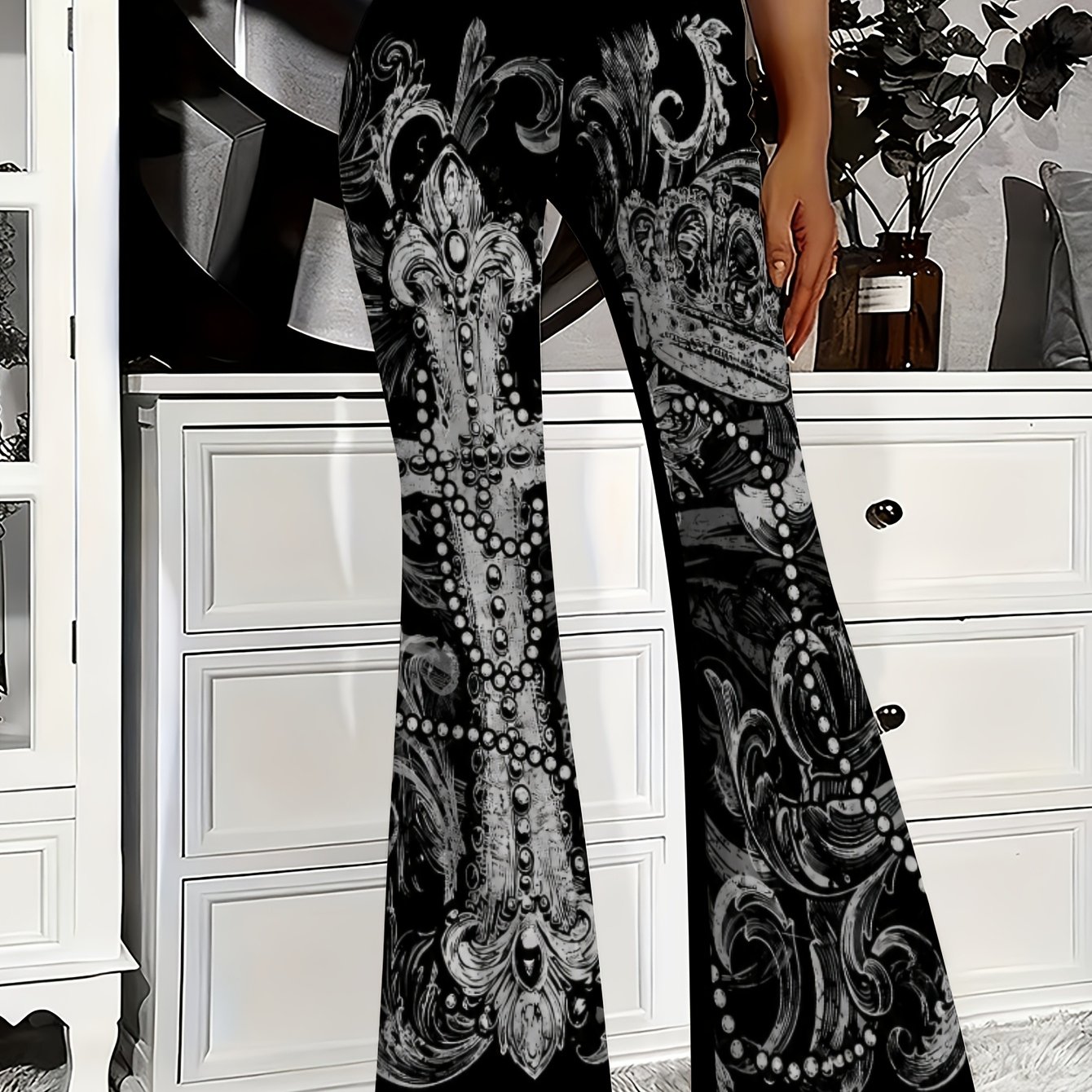 TEMU Women's Printed Flared Trousers, High-waisted Wide-leg Stretch Casual Trousers, Made Of Lightweight Stretch Fabric, Suitable For Casual Wear,