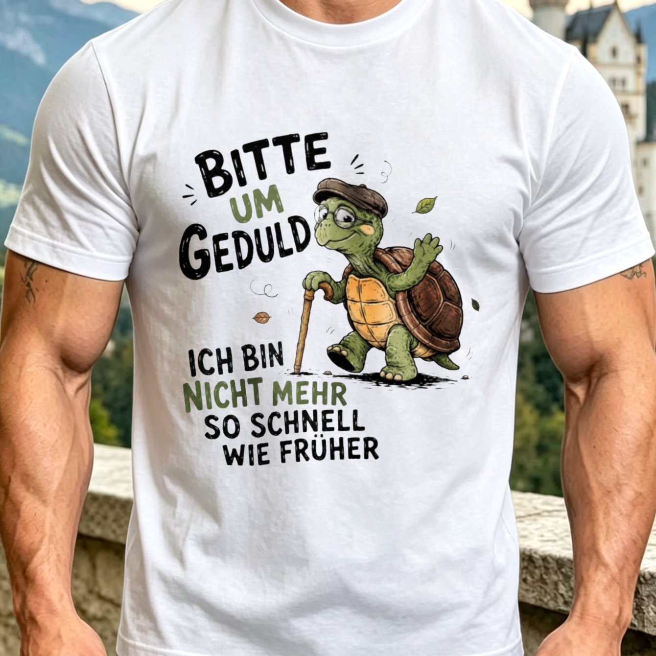 Image of Please Graphic T-shirt Featuring Elderly Cartoon Turtle Walking With A Cane Cute Humorous Cartoon Aging And Humor Unisex T-shirt