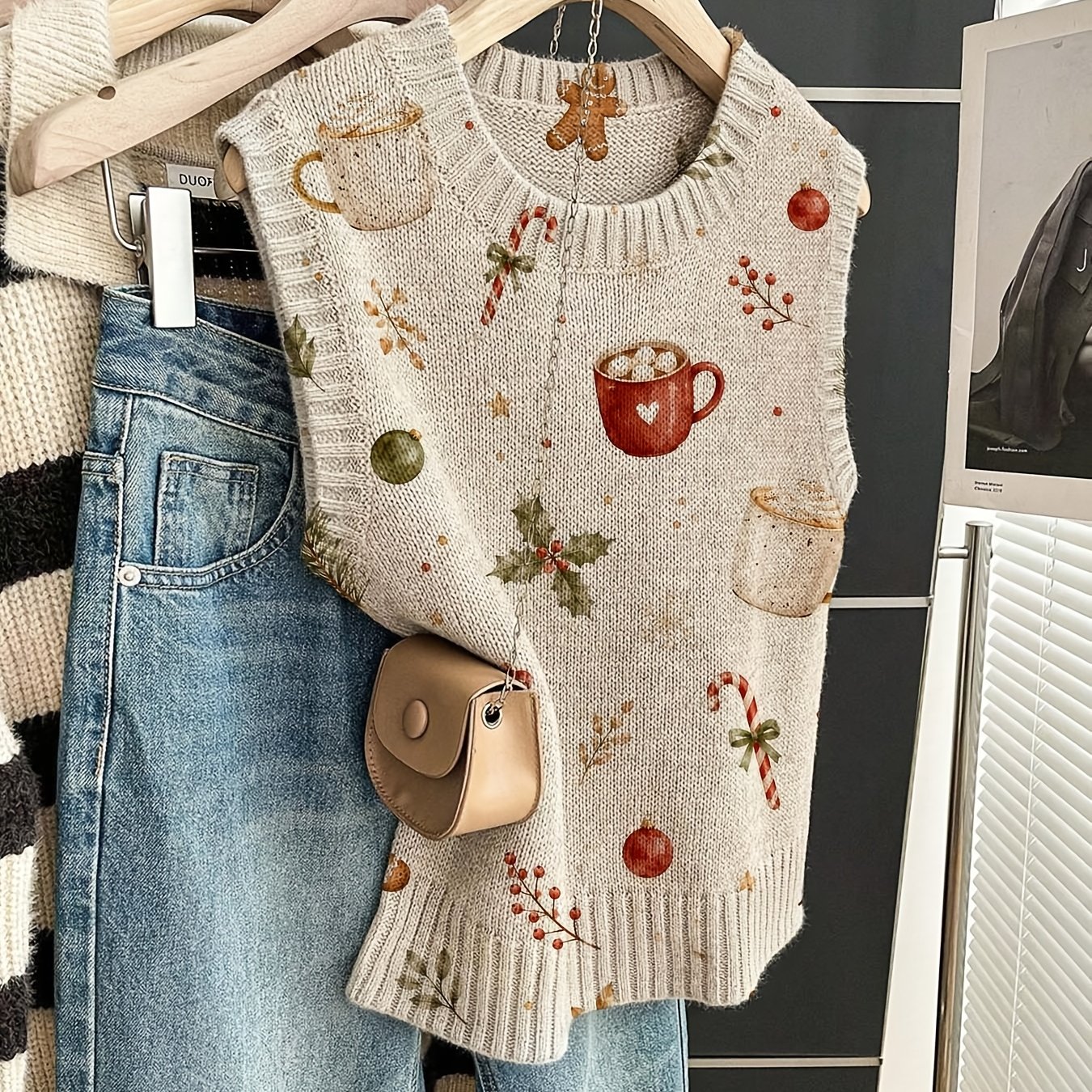 TEMU [2D-Digitaldruck] Pullover Weste ohne Ärmel mit Rundhalsausschnitt, bedrucktes Weste mit Weihnachtselement-Druckmuster, lässige elegante