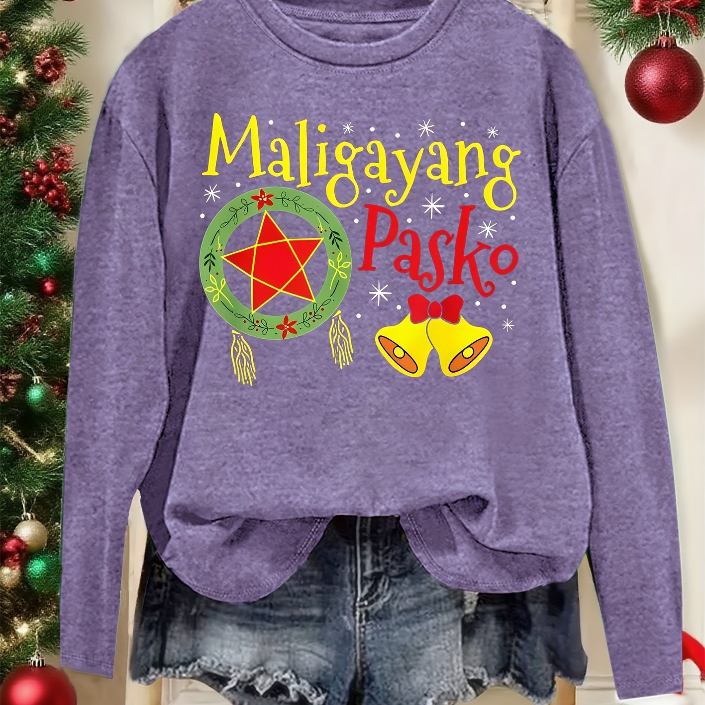 TEMU Christmas Gift For Women: Elegant Long-sleeve Round Neck T-shirt With Filipino Christmas Element Print. Comfortable, Soft, And Breathable. New