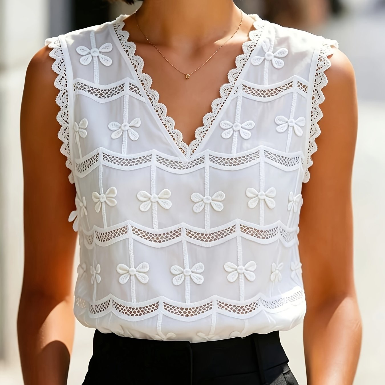 TEMU Fashionable And Elegant Women's Clothing, Hollow-out Embroidered Blouse, Breathable Top, Solid Color Shirt, V-neck Blouse, Sleeveless Top,