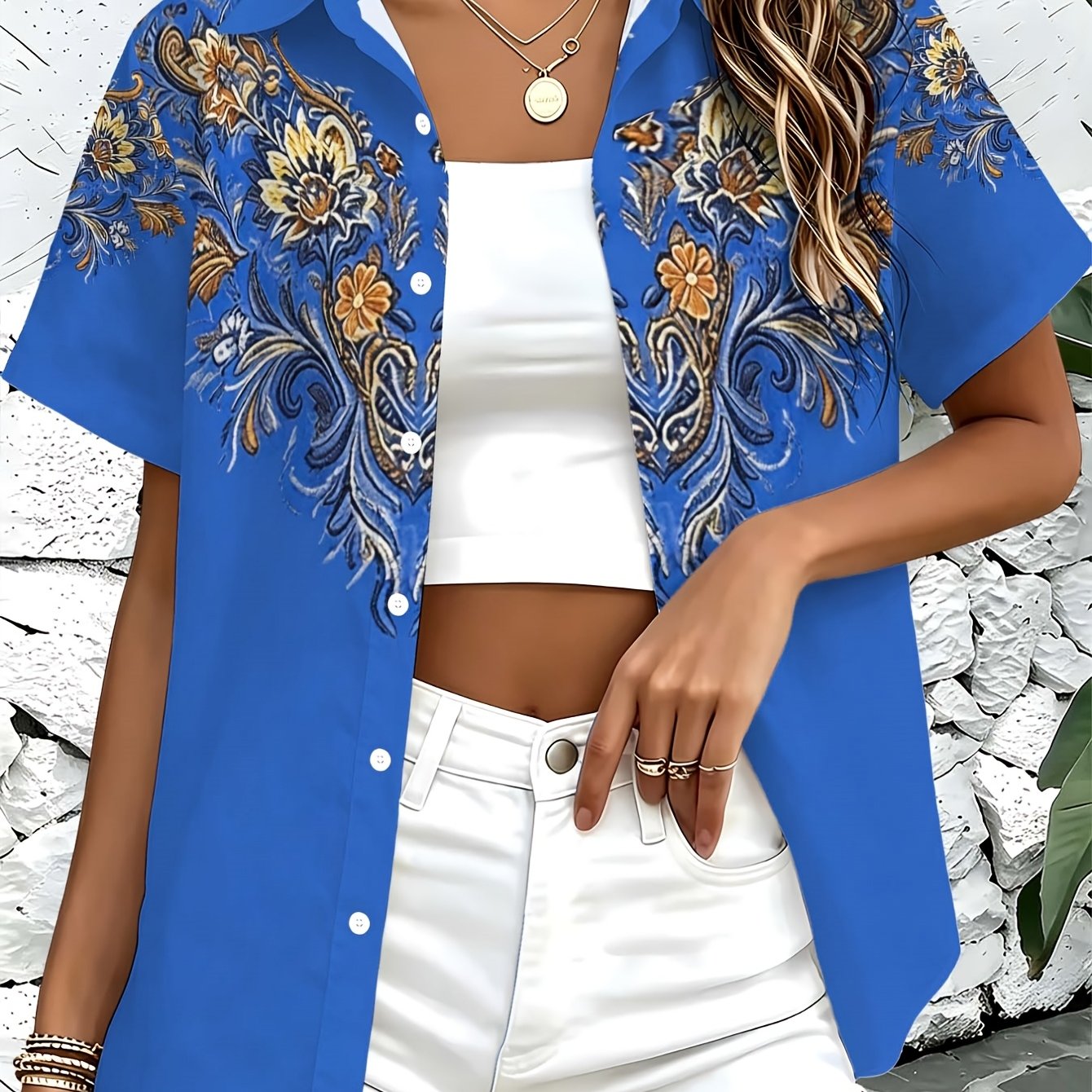 TEMU Women's Short Sleeve Vintage Bleached Base Chest Floral Print Shirt, Country Western Totem Print Retro Casual Fashion Floral Printed Women's