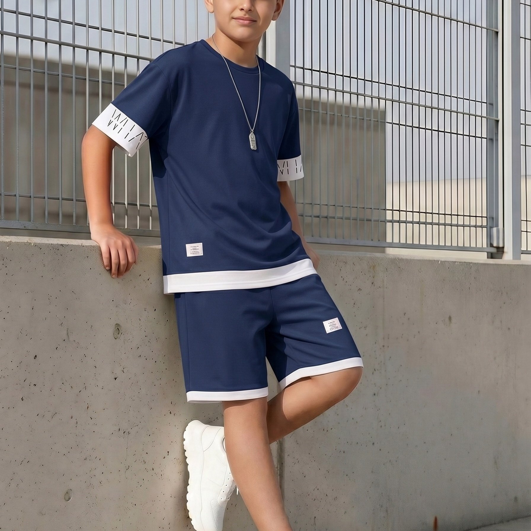 TEMU Teenager's Teen Summer Contrast Casual Set, Khaki Letter Print Short Sleeve And Shorts, Youth Athletic 2pcs Outfit, For Outdoor, For Teenager,