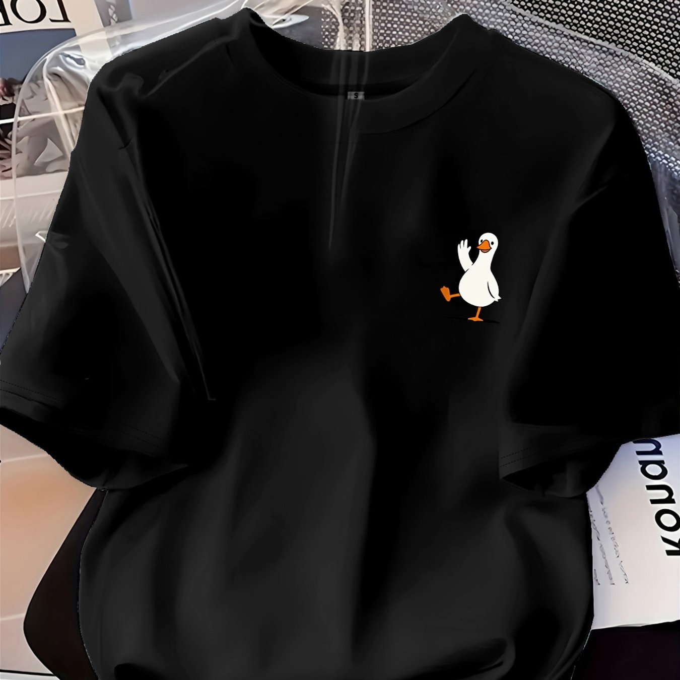 TEMU Xl-6xl Men's Versatile Fashion Oversized T-shirt, Stylish Printed Short-sleeve Tee With Cute Cartoon Duck Pattern, Vivid And . Crew Neck Casual