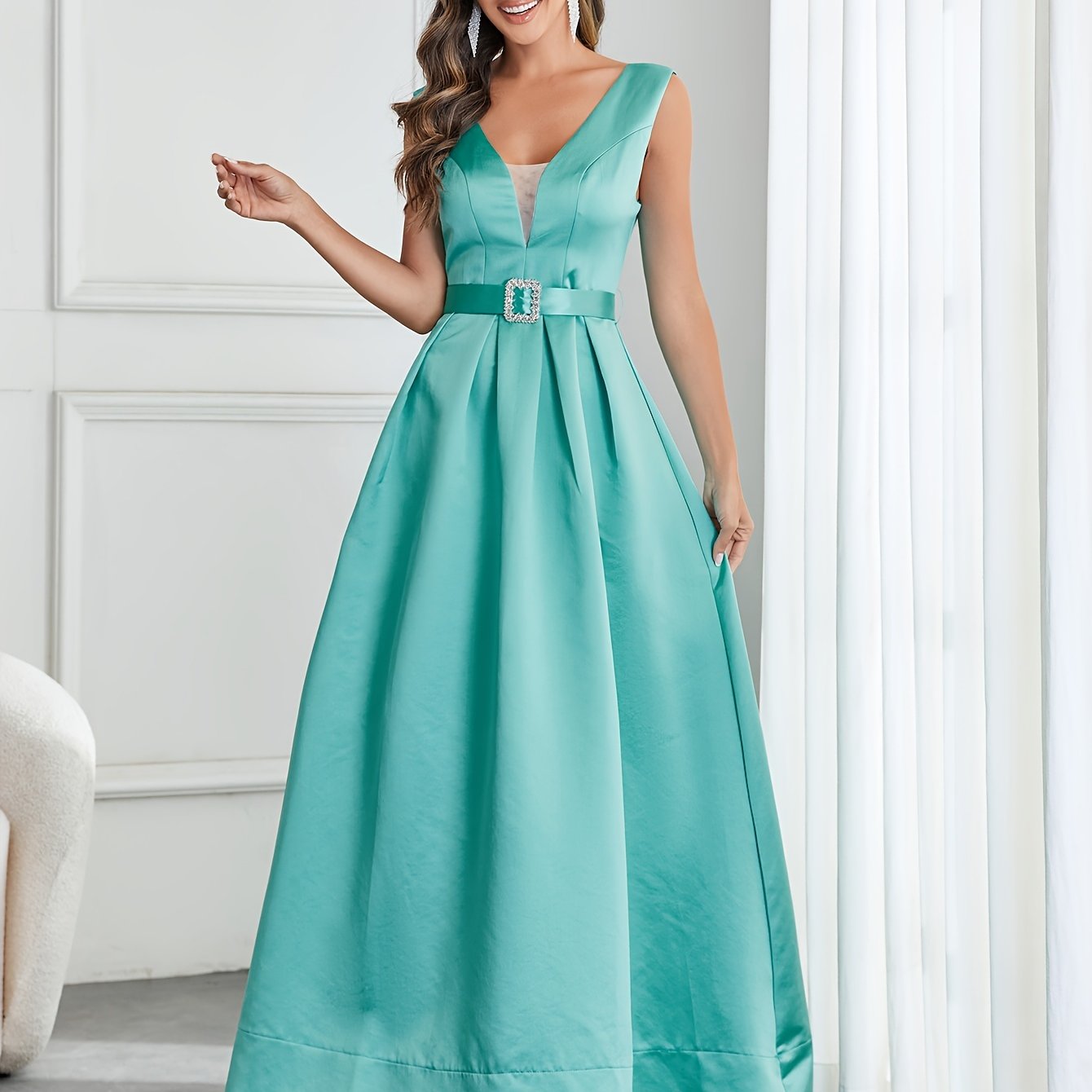 satin v neck cocktail dress elegant sleeveless belted a line evening dress for party banquet womens clothing