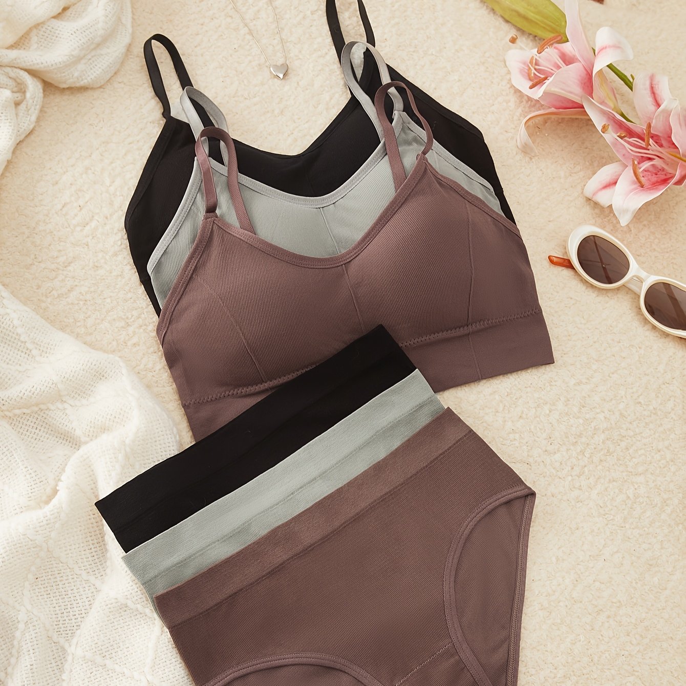 TEMU 6pcs (6pcs) 3-color Backless Lingerie & Panty Set - Seamless Full Coverage Underwear Suitable For Daily Wear, Hand Washable Solid Color Matching