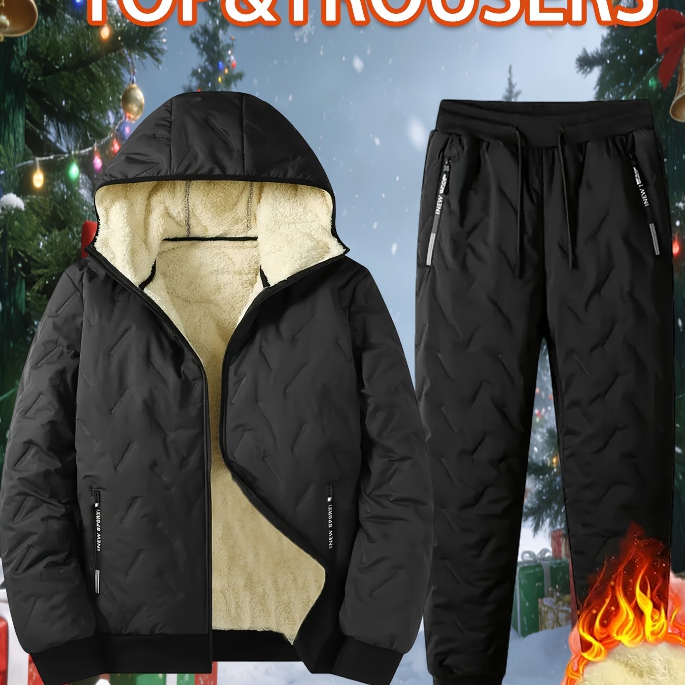 Image of Men's Winter Warm -lined Thickened 2pcs Set: Casual Fashionable Trendy -lined Cardigan And Warm Outerwear With Drawstring -lined Sports Long Pants - Loose Fit - Streetwear Style - - Long Sleeve