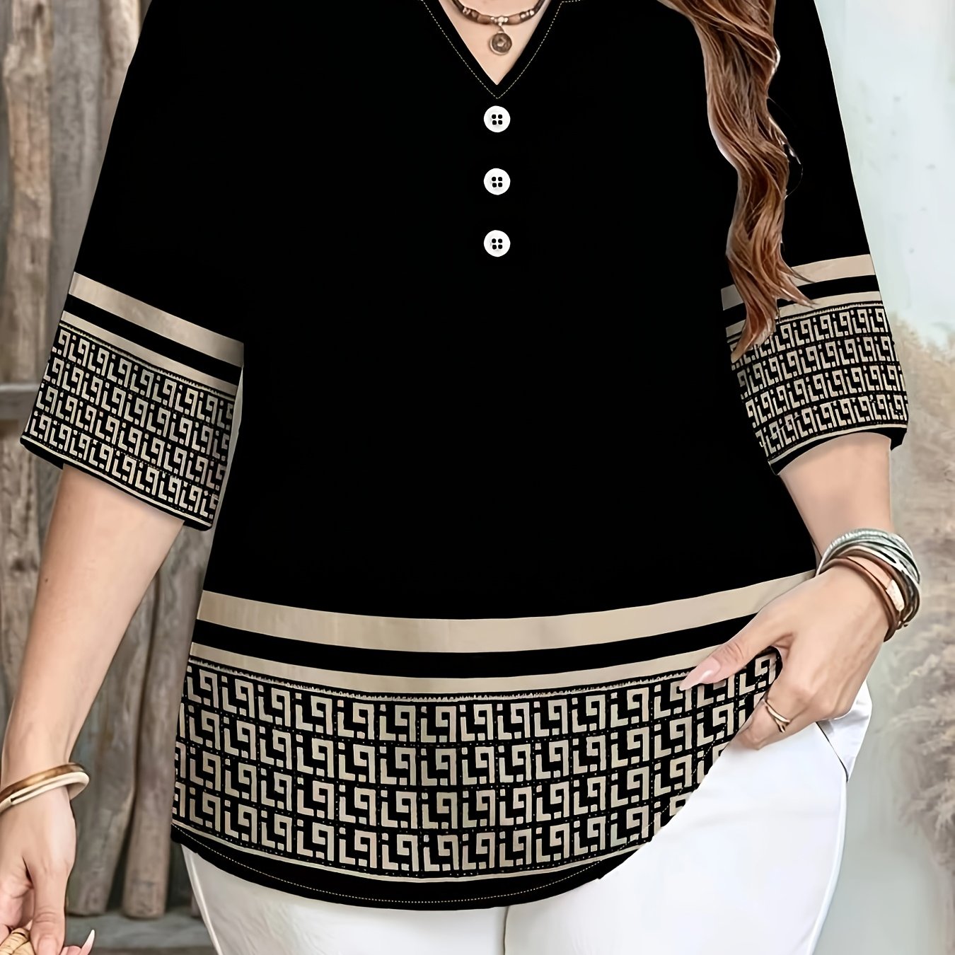 TEMU [printed Design – Not Textured] And Brown Color- Meander-pattern Spliced Mid-sleeve Women's Top With A V-neck And Half-button , A Versatile And