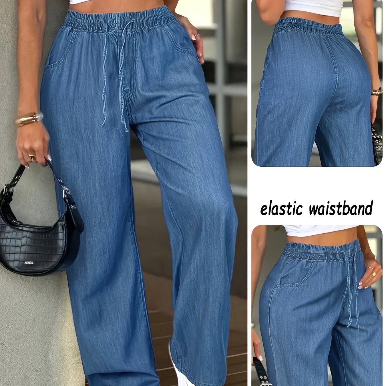 Women's High-waist Straight Jeans With Elastic Drawstring Waistband - Comfortable Casual Trousers, , Loose Fit, , Casual Denim | Straight Leg Denim | Fabric, Suitable For Daily , Vacation Travel