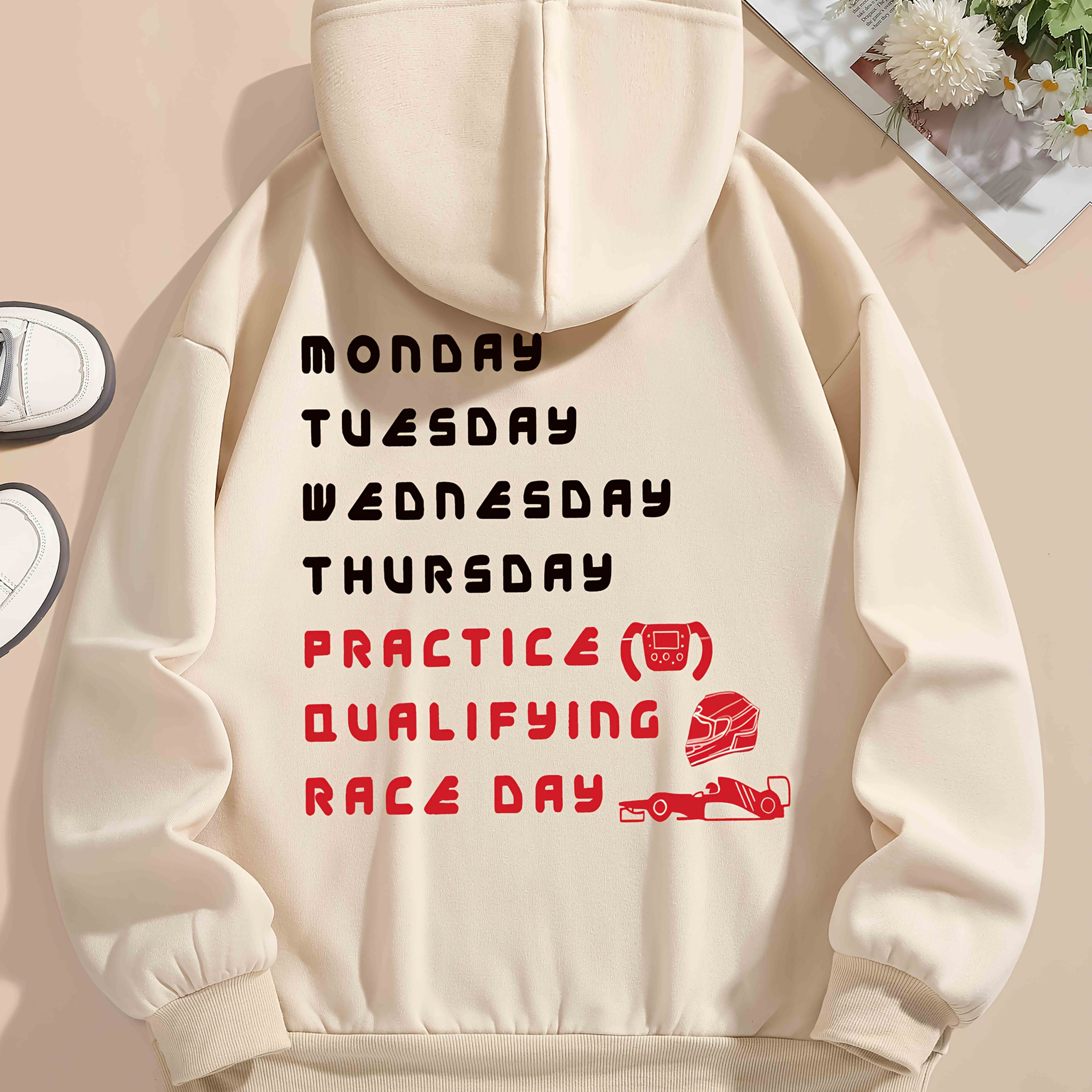 TEMU Men's Casual Hoodie With "monday To Practice Qualifying Race Day" Graphic - Design, , Drawstring Hoodie, Casual Wear Hoodie | Cartoon Print