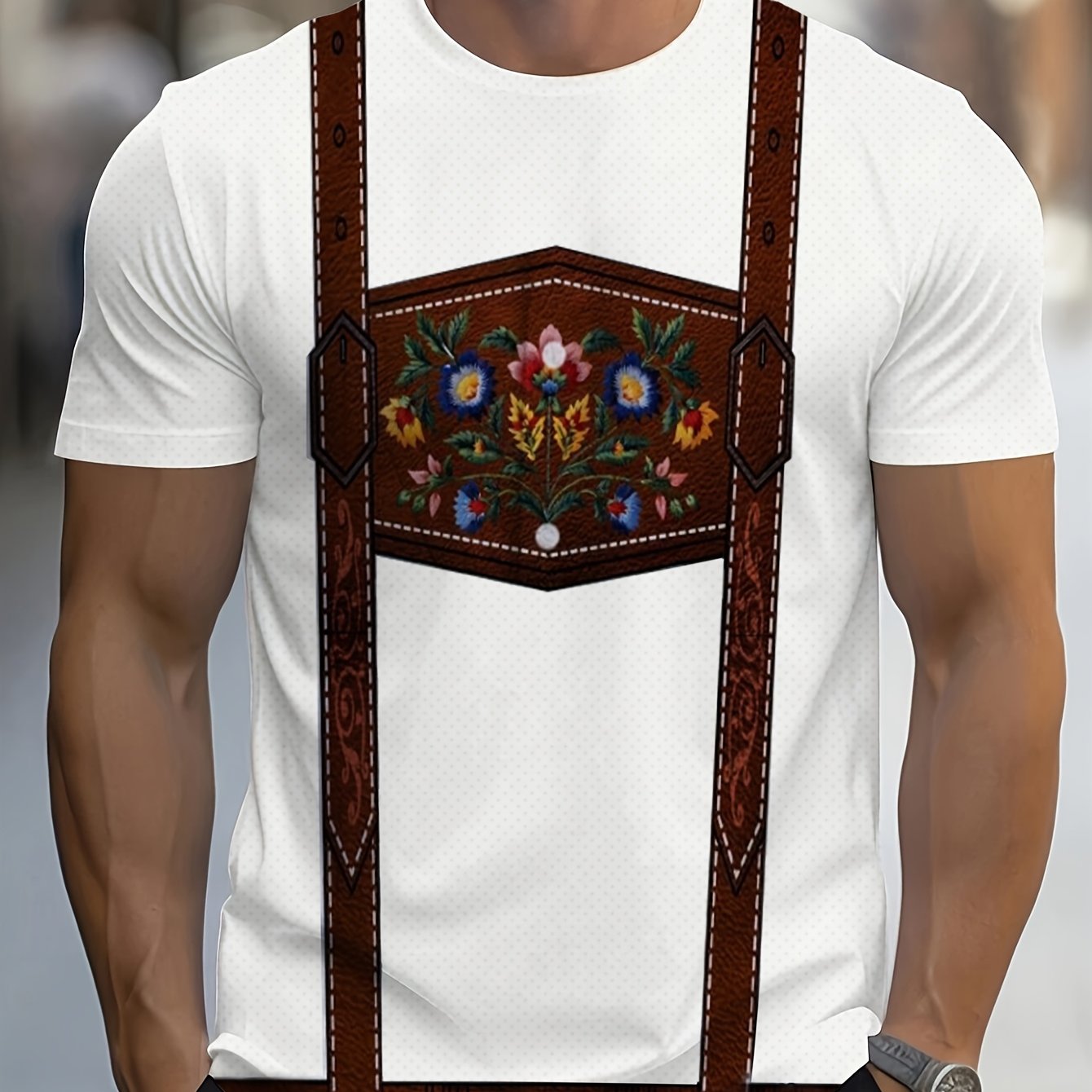 TEMU Men's Oktoberfest German Traditional T-shirt With Straps Design - All Crew Neck Short Sleeve Casual Summer Shirt For Theme Parties And German