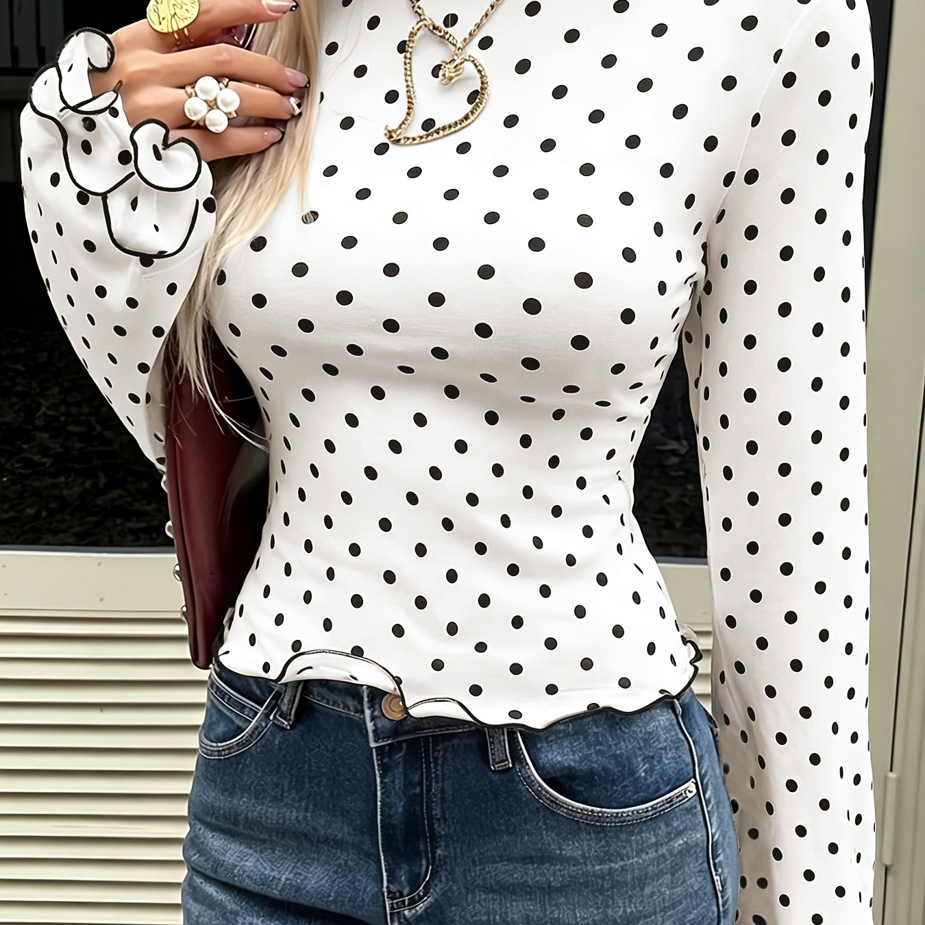 TEMU Dames Herfst Winter Polka Dot Bedrukte Ronde Hals Geplooide Lange Mouw Top, Geschikt voor Woon-werkverkeer, Casual Kleding, Reizen, Shoppen,