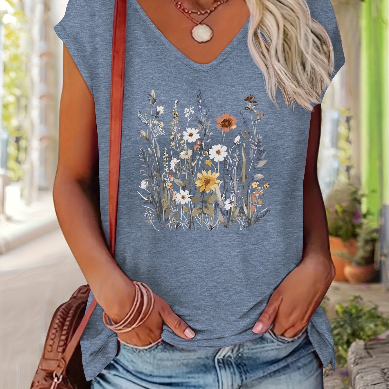 TEMU Women's Floral Print V-neck Off-shoulder T-shirt - Casual Short Sleeve Top With Medium Stretch, Breathable Fabric For Spring/summer, Beach