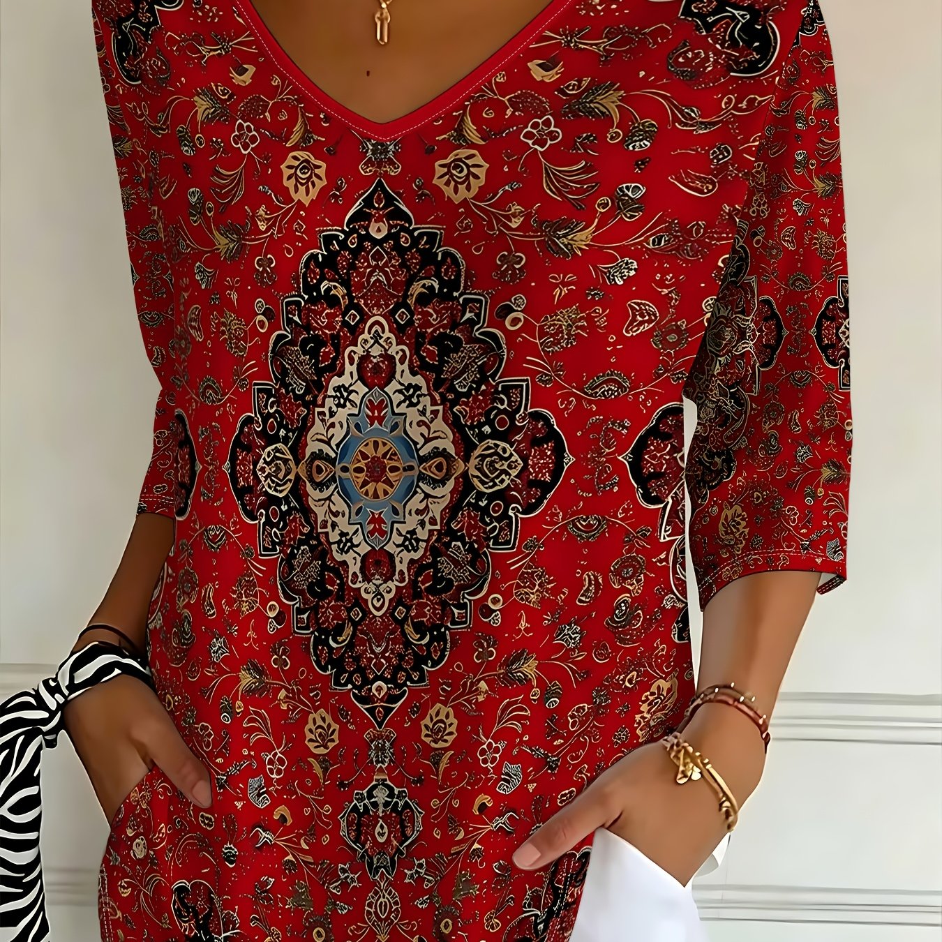 TEMU Red Printed V-neck Loose Three-quarter Sleeve Top, Women's Summer Casual Fashion T-shirt, Dopamine Dressing Versatile Style