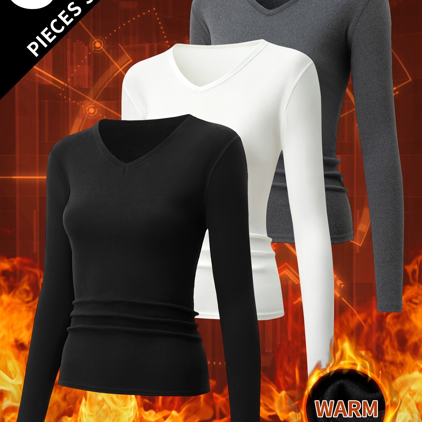 TEMU 3pcs Viesunz Women's Thermal V-neck Base Layer - High-elastic Body-hugging Shirts, Non- Layering Blouses Suitable For Winter, Gym, & Outerwear,