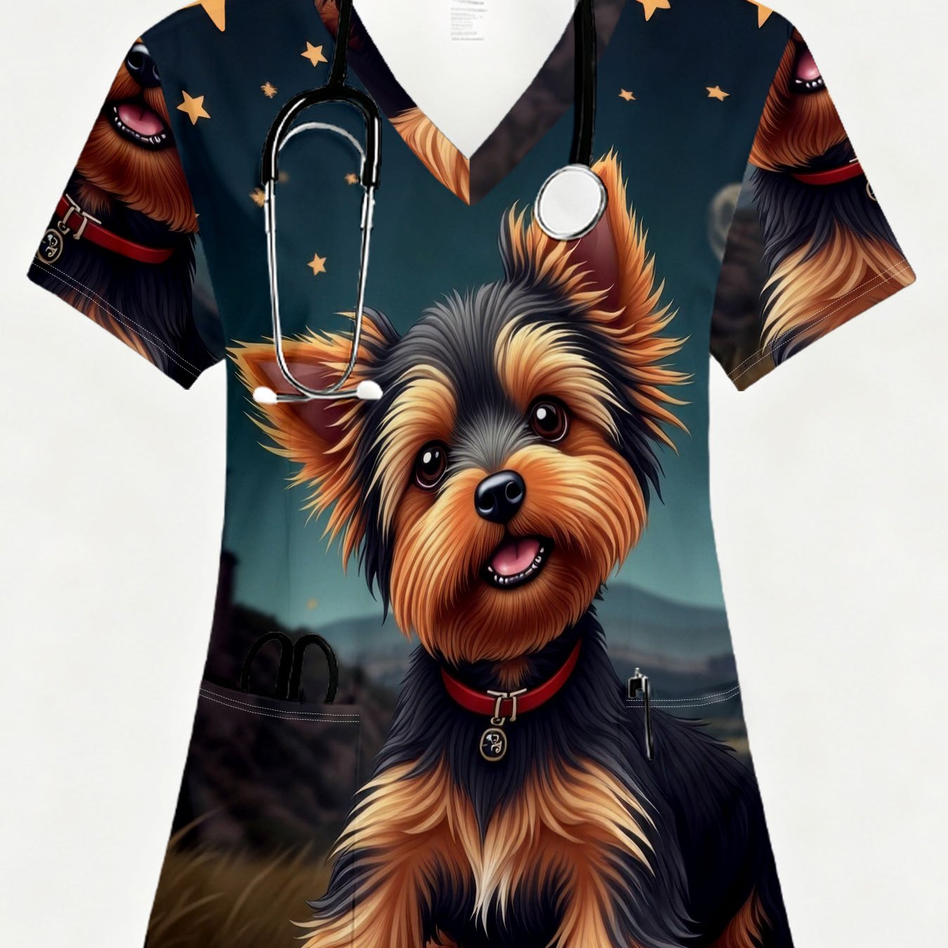 TEMU Blouse d'infirmière à col en V et manches courtes pour femmes avec motif Yorkie et stéthoscope - Tenue de travail complète adaptée aux soins
