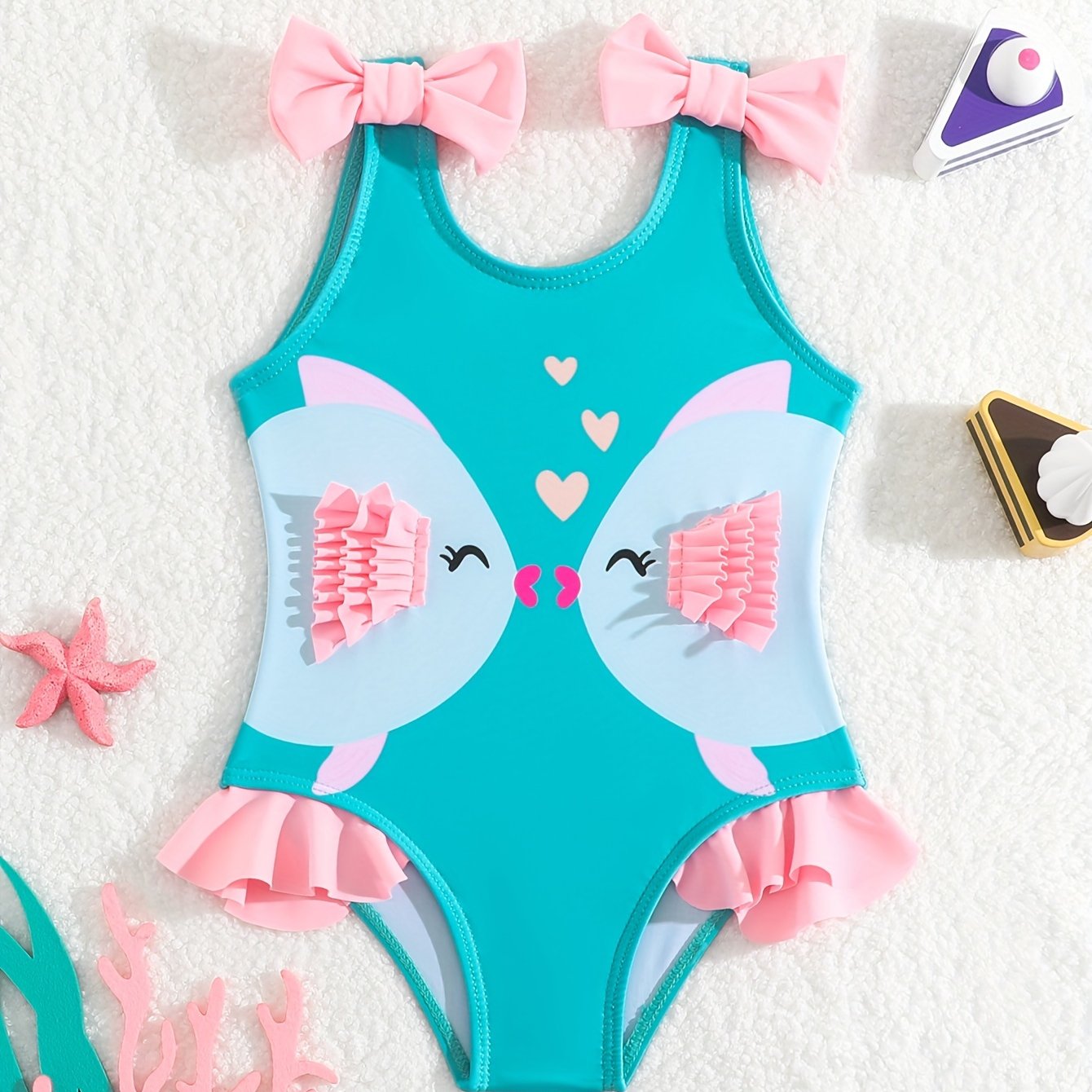 1pc Swimsuit - Cute Collar & Animal Print (shark/turtle) - Quick-dry-like High-elastic Fabric - Swimming For Pool & Beach - Machine Washable