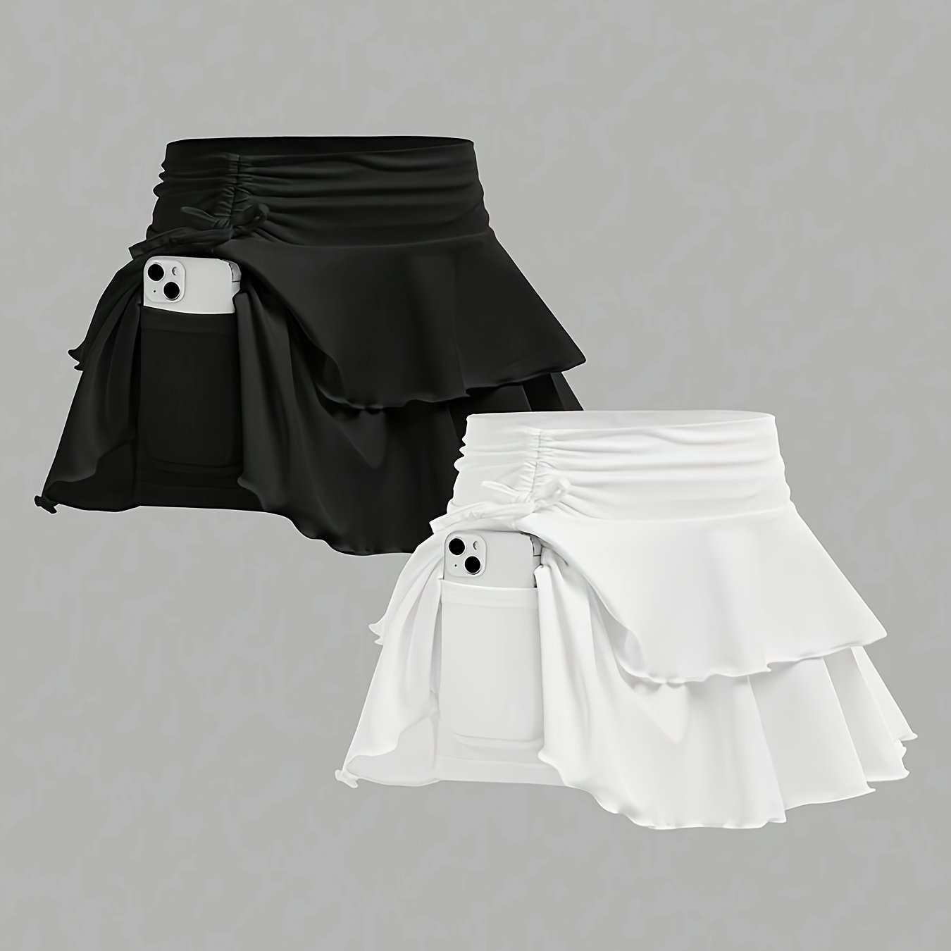 Image of Girls' 2pcs Casual Fashion Sports Solid Color Skirt Set With Built-in Sports Shorts And Phone Pocket, Black And White. Suitable For Tennis, Yoga, And A Perfect Gift, Back To School Essentials
