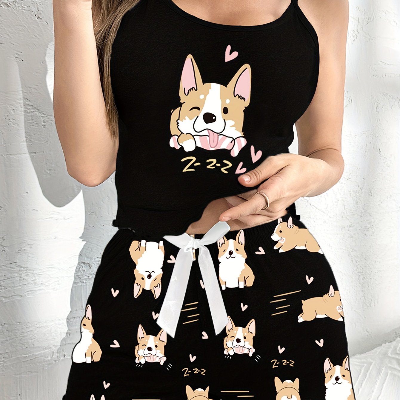 TEMU 【商品名】レディース パジャマ セット、可愛い犬柄、カジュイル、スパゲッティストラップ、柄、オール、リボン付き、大人向け生地、ホームカジュアルウェア