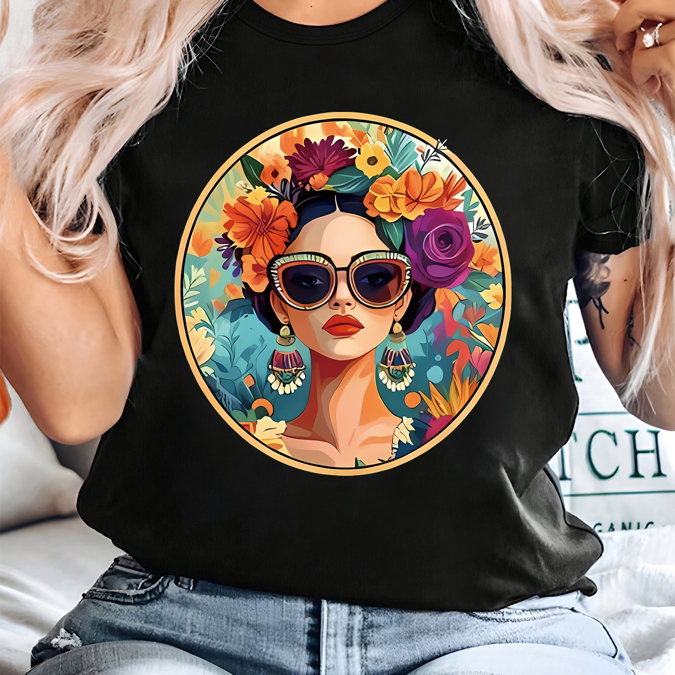 TEMU Plus Size - Retro Floral Glasses Print Plus Size Women's Easy Short-sleeved T-shirt 0xl To 8xl Text Pattern Print Round Neck Cute Summer T-shirt