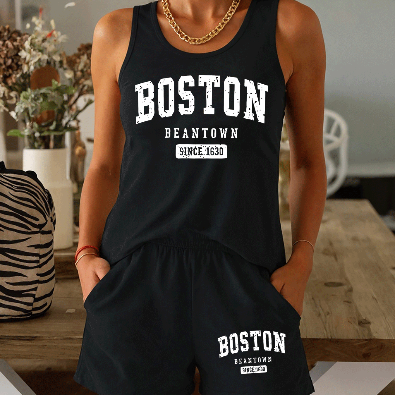 TEMU Set Vintage Stampa Boston per Donna - Gilet e Shorts Stile Americano BOSTON Multicolore, Completo Casual Due Pezzi, Abbigliamento Moda Donna - ,
