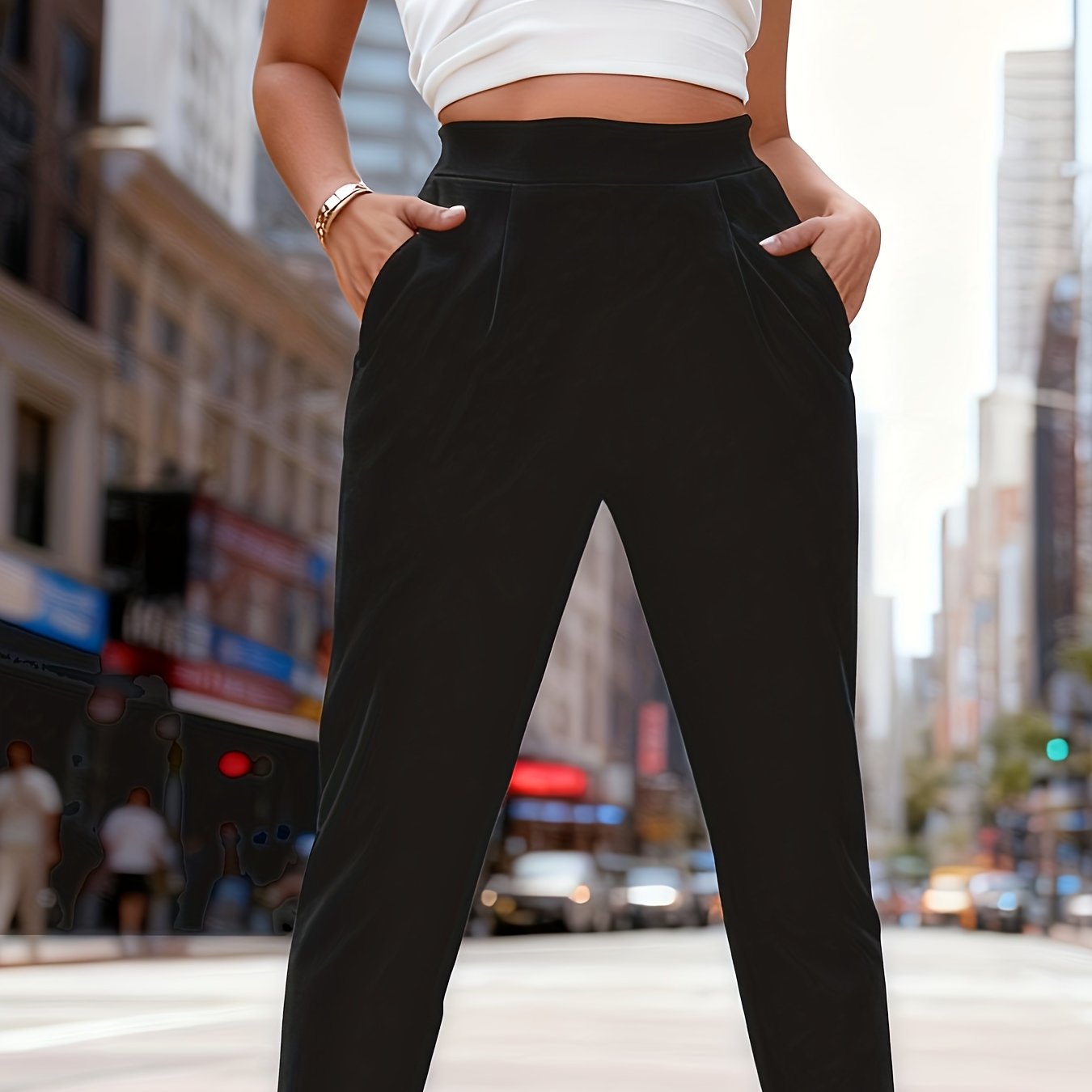 TEMU Women's Black Straight-leg Slim-fit Pants, Minimalist Style, Fashionable And Simple High-waist, Suitable For Office, Travel, Parties, And Casual
