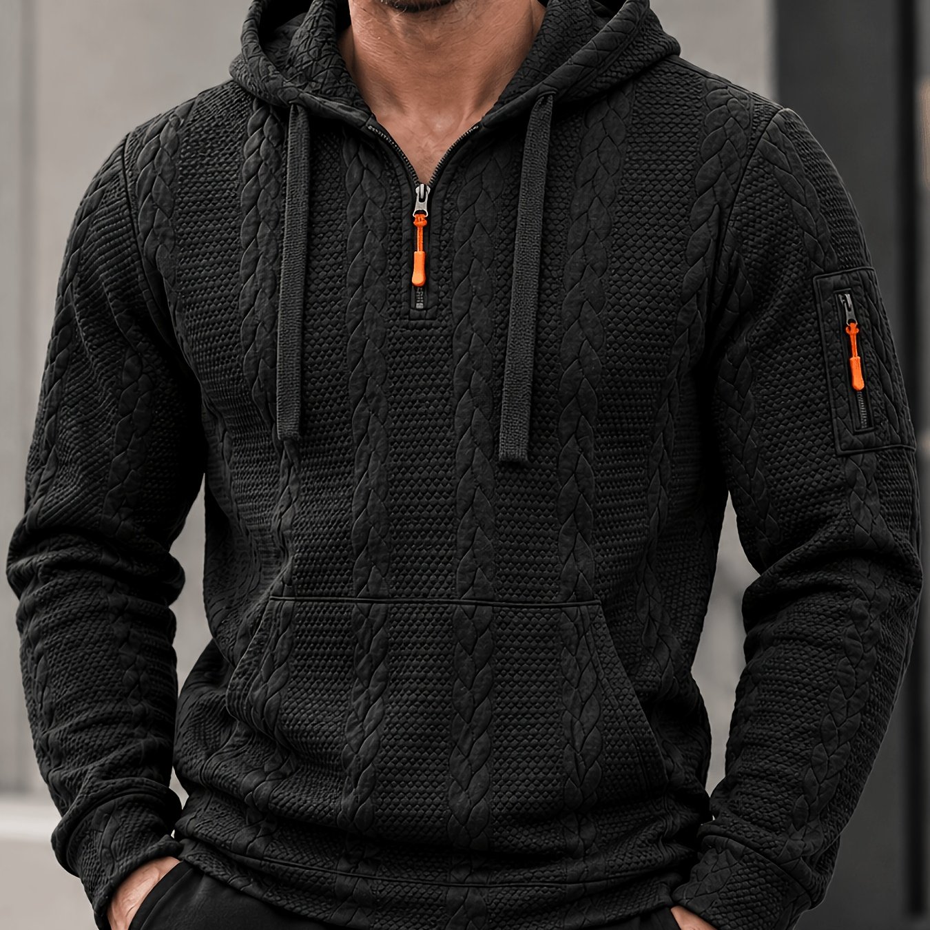 TEMU Men's Fashion Hooded Henley Shirt, Autumn/ Ear Texture Jacquard With Random Pattern Fabric, Hooded Drawstring Long Sleeve Pullover With Sleeve