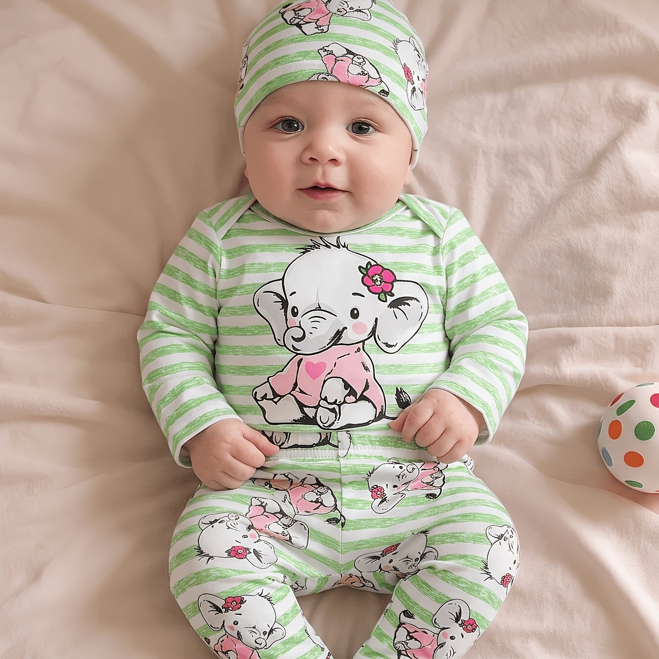 Image of Girls' Cute Elephant Print Bodysuit + Pants Set With Hat - Baby Crawling Outfit For Spring/autumn, Infant And Toddler Boys' Playwear, Perfect For Outdoor,christmas,halloween