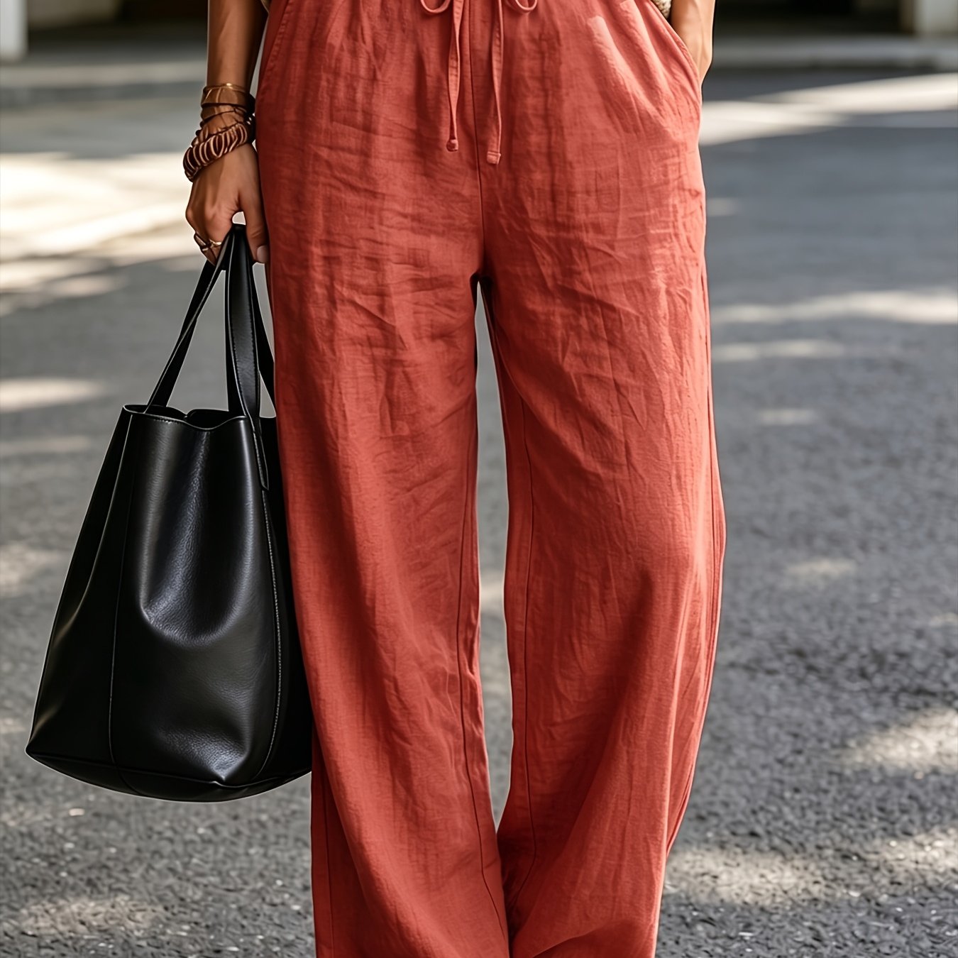 TEMU Pantalones de pierna ancha de cintura estilo para mujer, pantalones casuales y drapado, pantalones largos para vacaciones en , pantalones largos