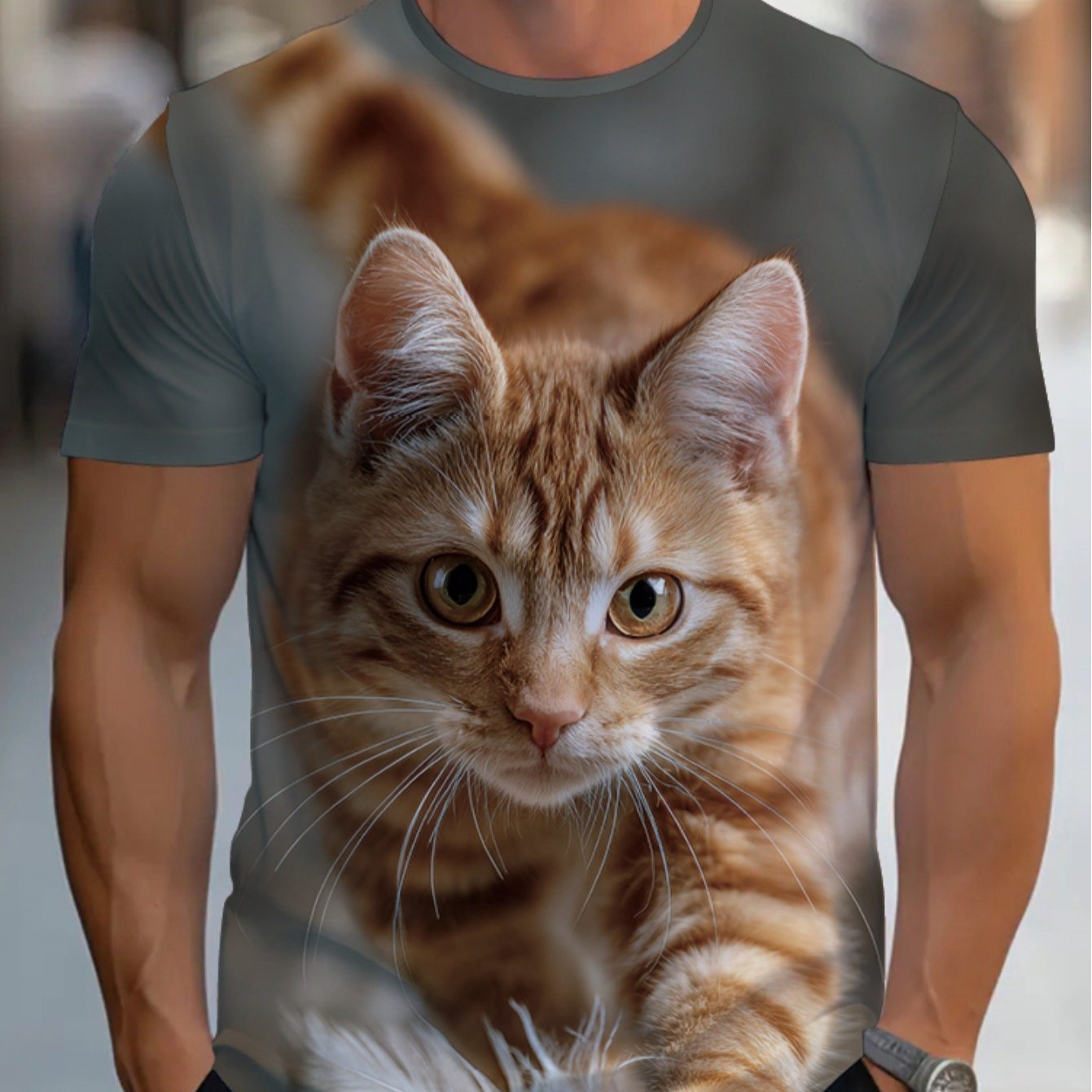 TEMU Men's Lightweight Polyester T-shirt Featuring A Lifelike Design, Lounging At Home Or . Available In A Soothing Gray Tone With A Print. This