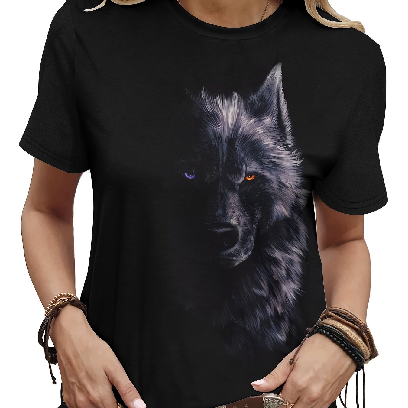 Image of Animal Wolf Full Print Breathable Printed Round Neck Short Sleeve T-shirt, Casual Shirt, New Women's Short Sleeve Top