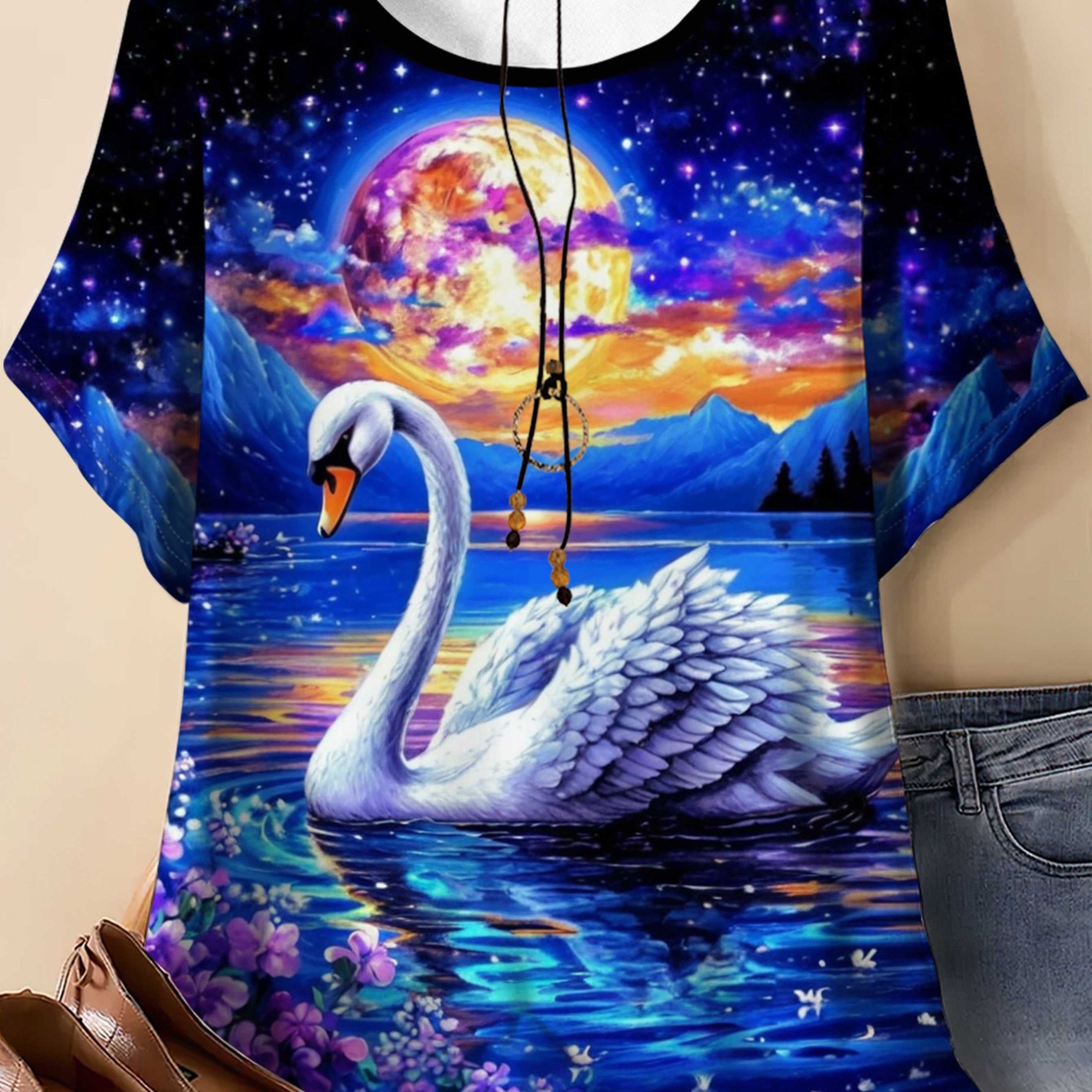 TEMU Plus Size, Women's Plus Size Print T-shirt - Elegant Round Neck Short Sleeve Summer Top With A Night Sky Scene Pattern, Stretchy Casual Outdoor