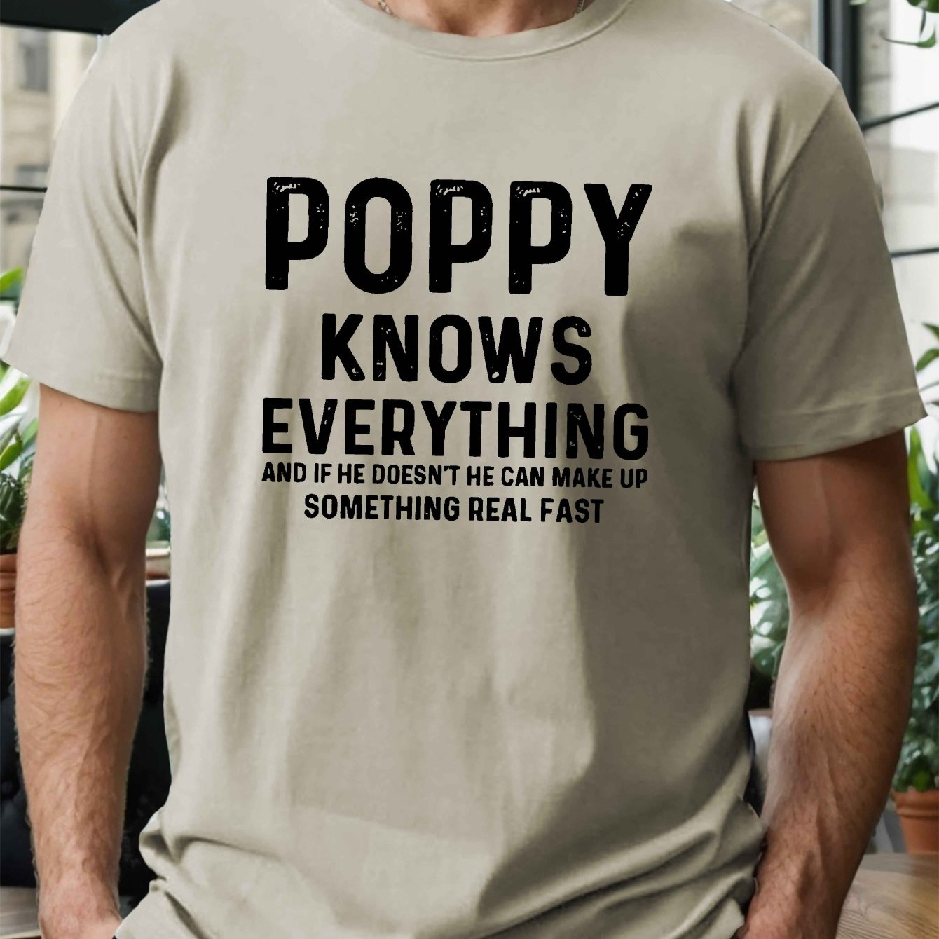 TEMU Men's Summer T-shirt - "poppy Knows Everything" Print, Casual Short Sleeve, Breathable Polyester, Machine Washable