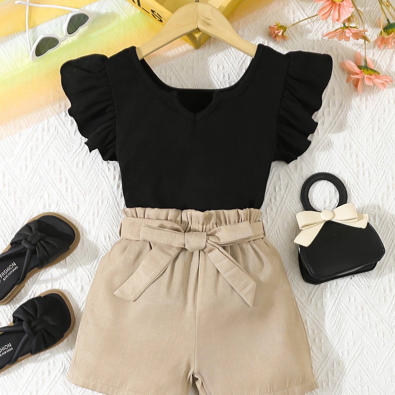 Image of Girls' Fashion Set: V-neck Flutter Sleeve Solid Color Top + Floral Elastic Waistband Shorts, Suitable For Girls' Summer Daily Casual , Perfect For Outdoor