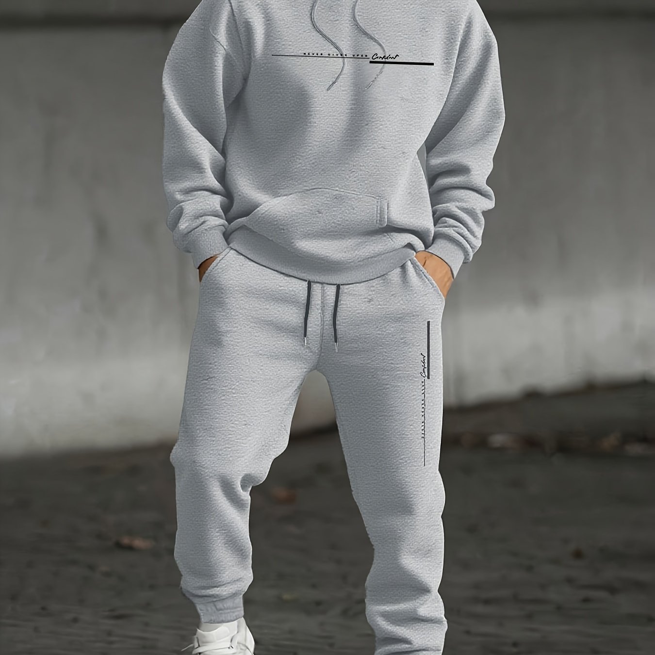 TEMU Men's Casual Letter Print Drawstring Pocket Hoodie And Athletic Drawstring Long Pants 2pcs Set