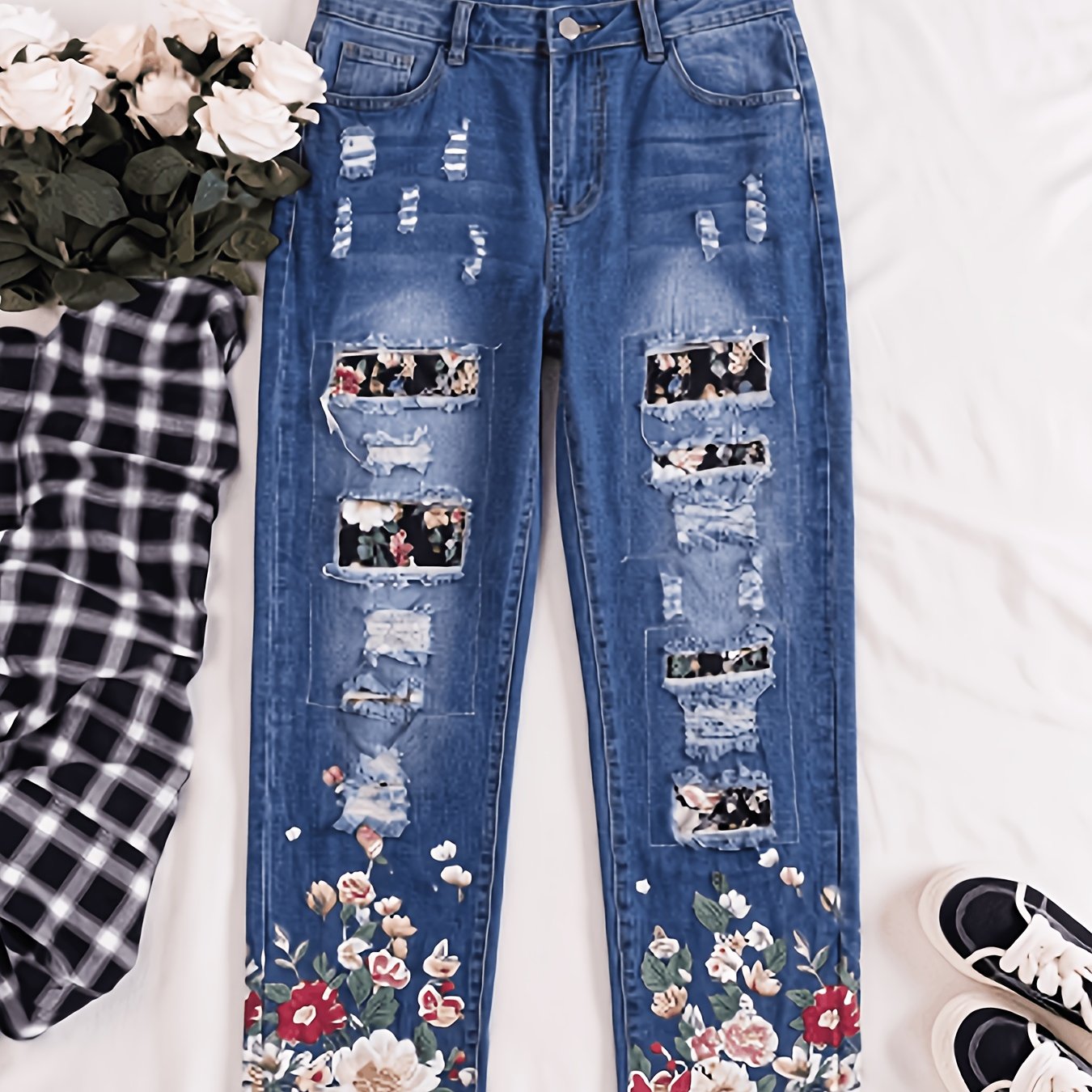 Plus Size Floral Patched Denim Jeans For Women