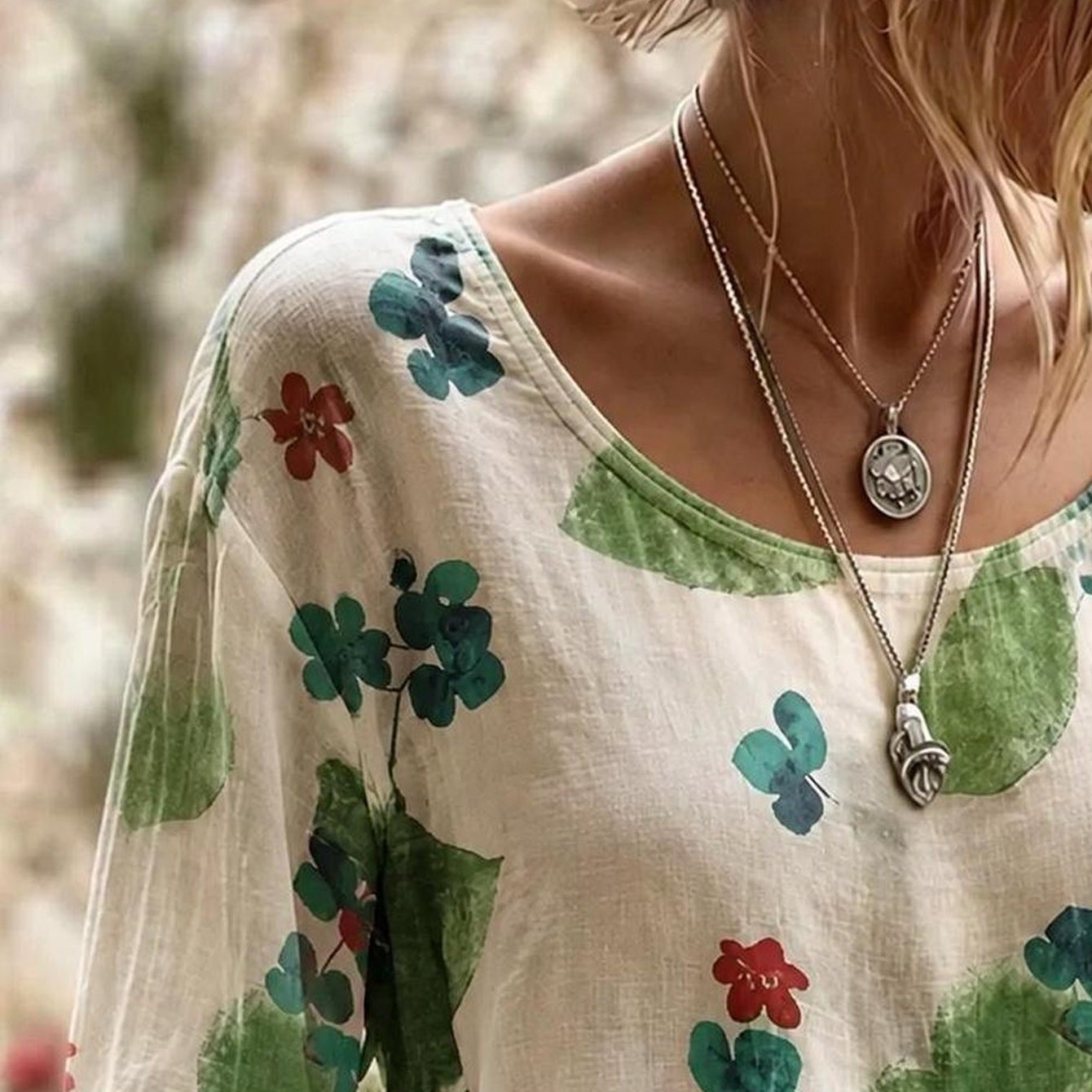 Plus Size Women's Boho Full Printed Shirt White Lace Trim Long Sleeve Floral Print Boho Top Women's Loose Blouse Summer Loose Casual For Layering, Jeans & Leggings, For Summer Outfit T-shirt