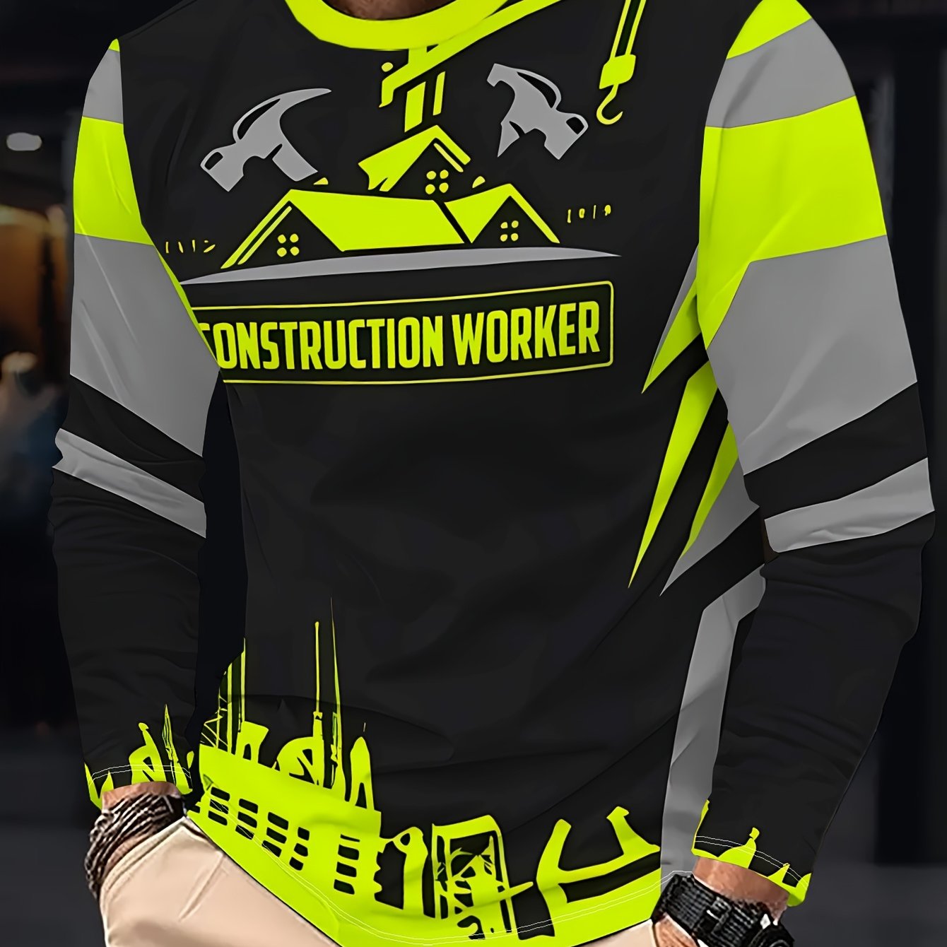 TEMU Men's Long-sleeve T-shirt In A Workwear Style, Featuring A Print Design Suitable For Construction Workers, Made Of Polyester Fiber. Perfect For