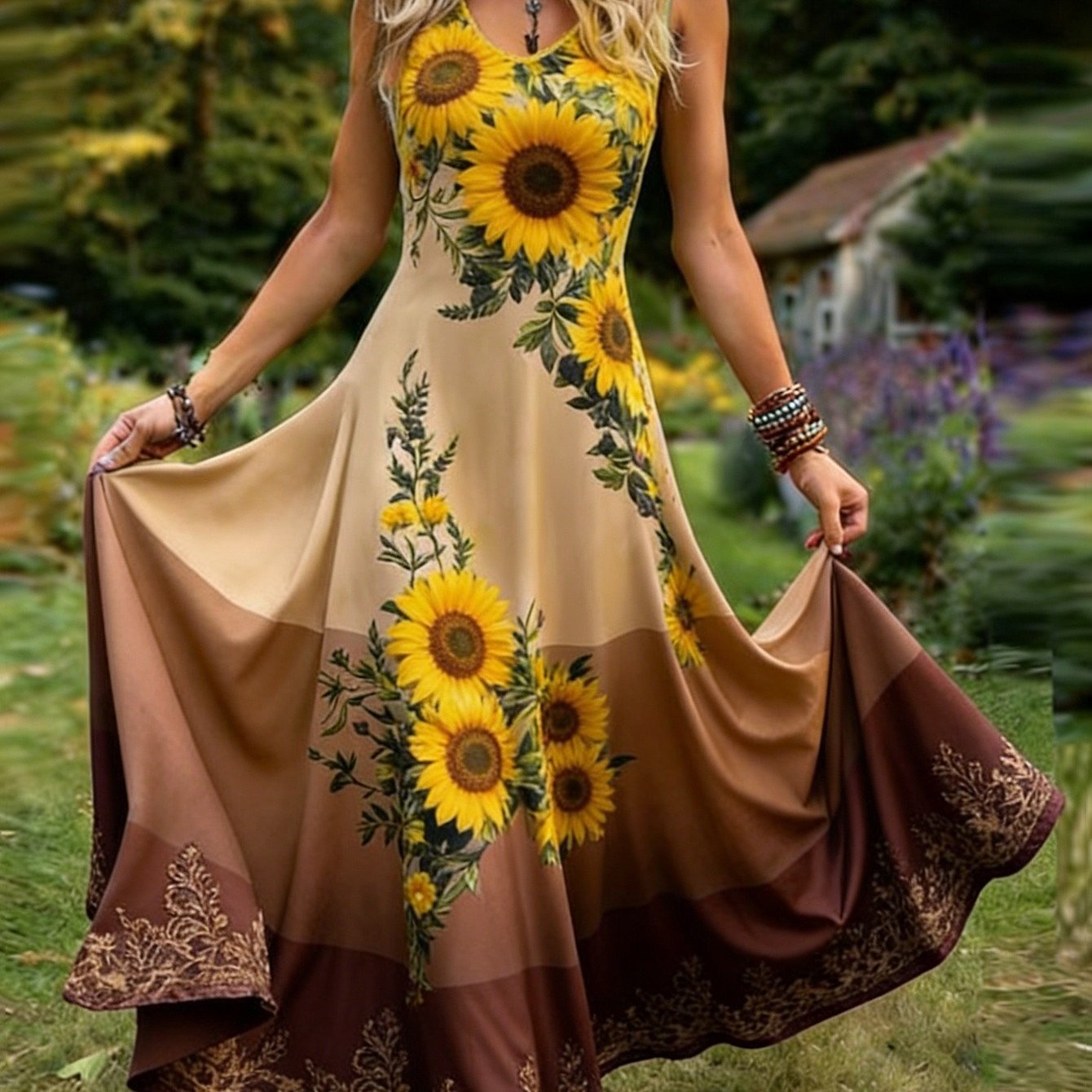 Image of 2d Flat Print Women's Retro Elegant Sleeveless Dress, V-neck Floral Print A-line Flowing Maxi Skirt, Machine Washable, Suitable For Casual Attire And Vacations., 2d Flat