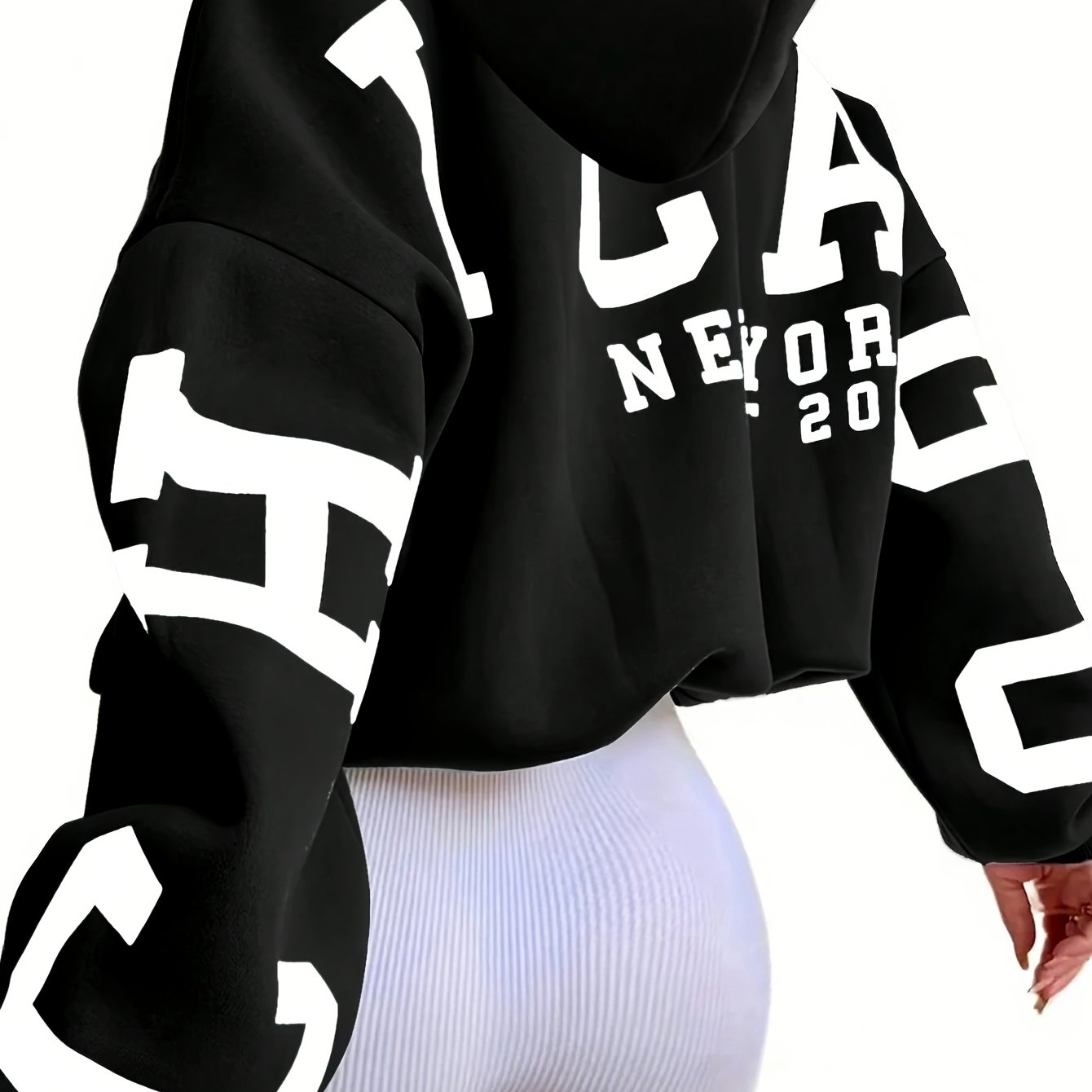 TEMU Early Autumn New Arrival Short Hooded Sweatshirt, "ica Large Letter " Print On The Back, Sexy And Spicy Versatile Loose Fit Zip-up Jacket, Short