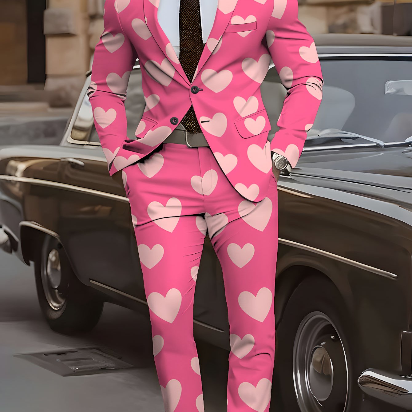 TEMU Suit And Trousers Combination Men's Suit Set Men's Suit Classic Banquet Wedding Party Suit Pink Heart Pattern Base Print Business Suit Top And