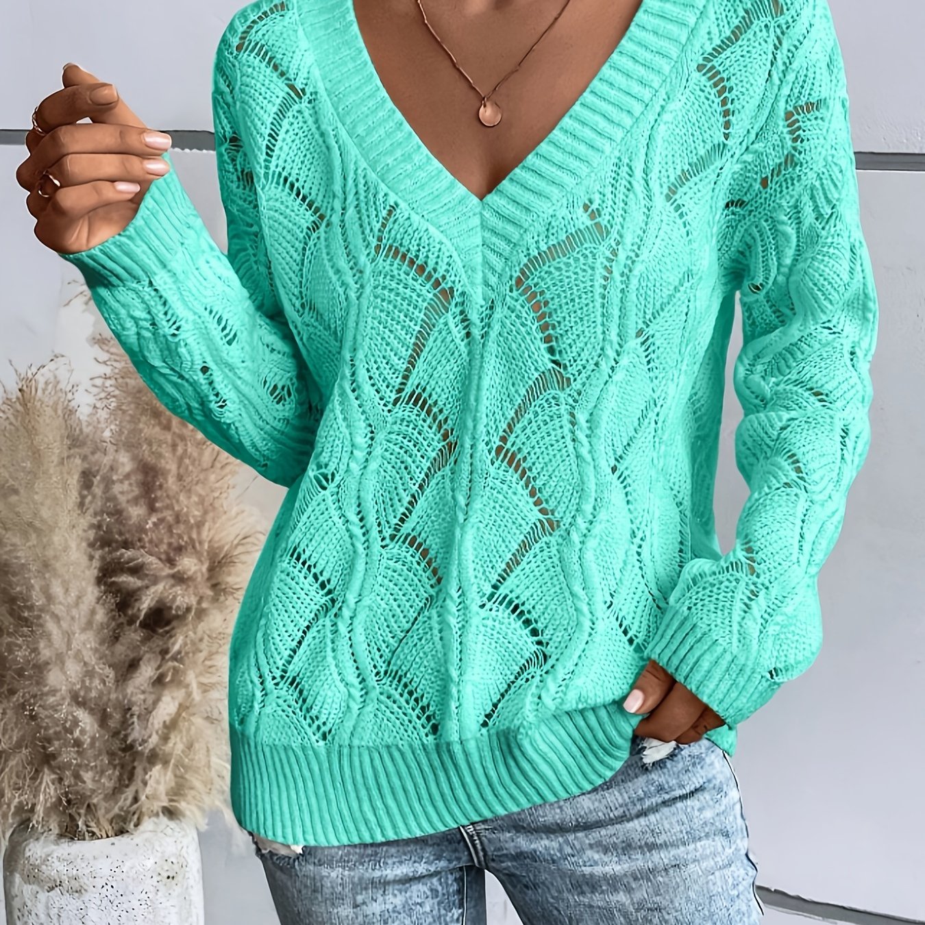 Women's Hollow V-neck Off-shoulder Sweater, Spring Summer Autumn Style, Elegant Style