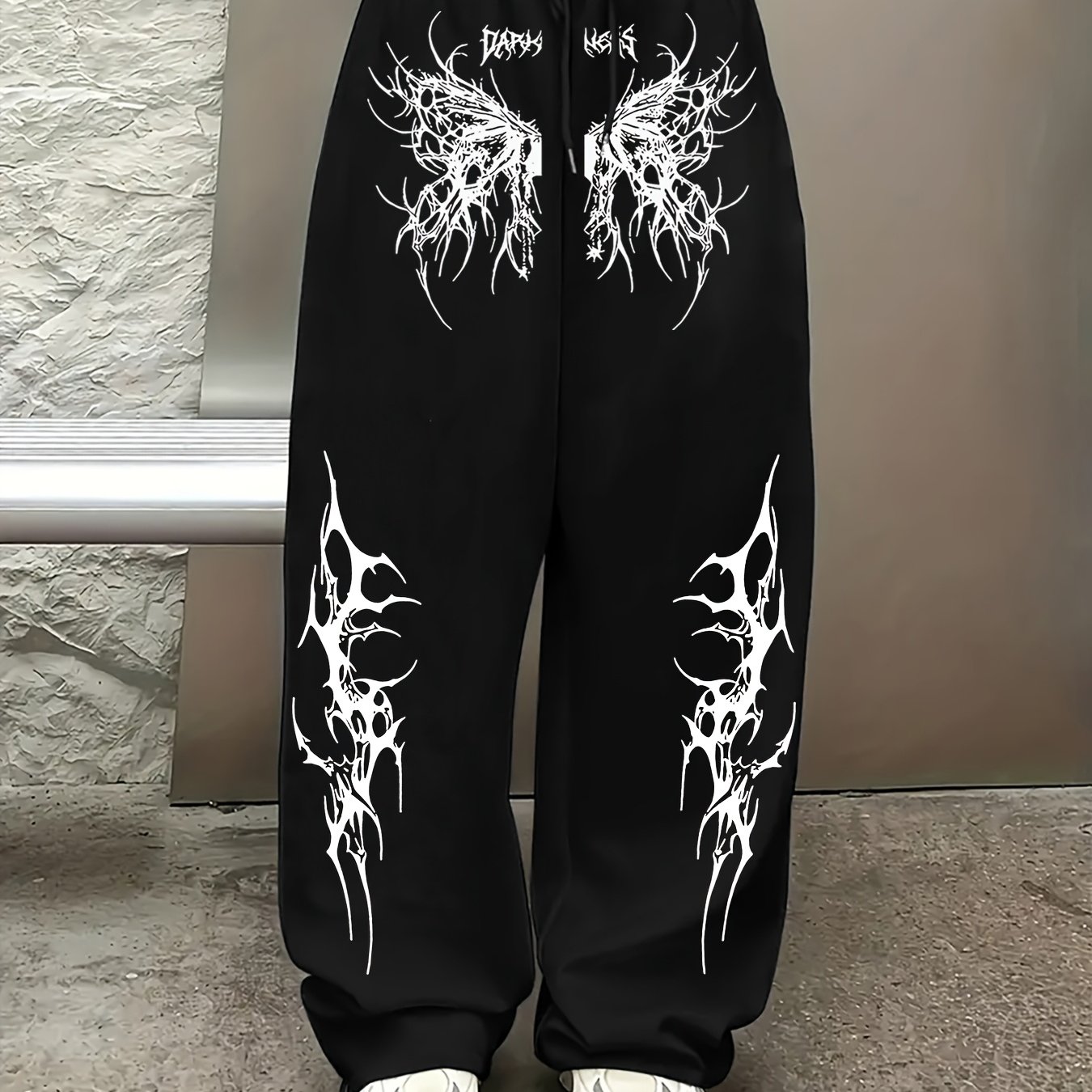 TEMU Women's Casual Sporty Long Pants, Thorn-like Pattern Print Elastic Waist Drawstring Wide-leg Straight-leg Pants, Four-season Pocket Pants For