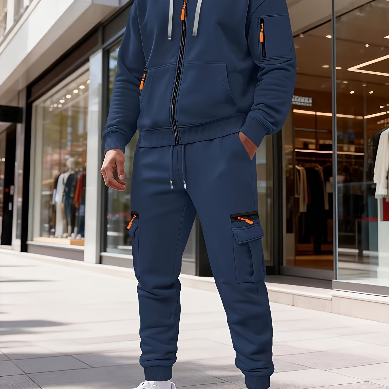 TEMU Men' Color Hooded Sweatshirt With Side Zipper Pocket   Sporty Casual Cargo Pants With Zipper Accent 2pcs Set